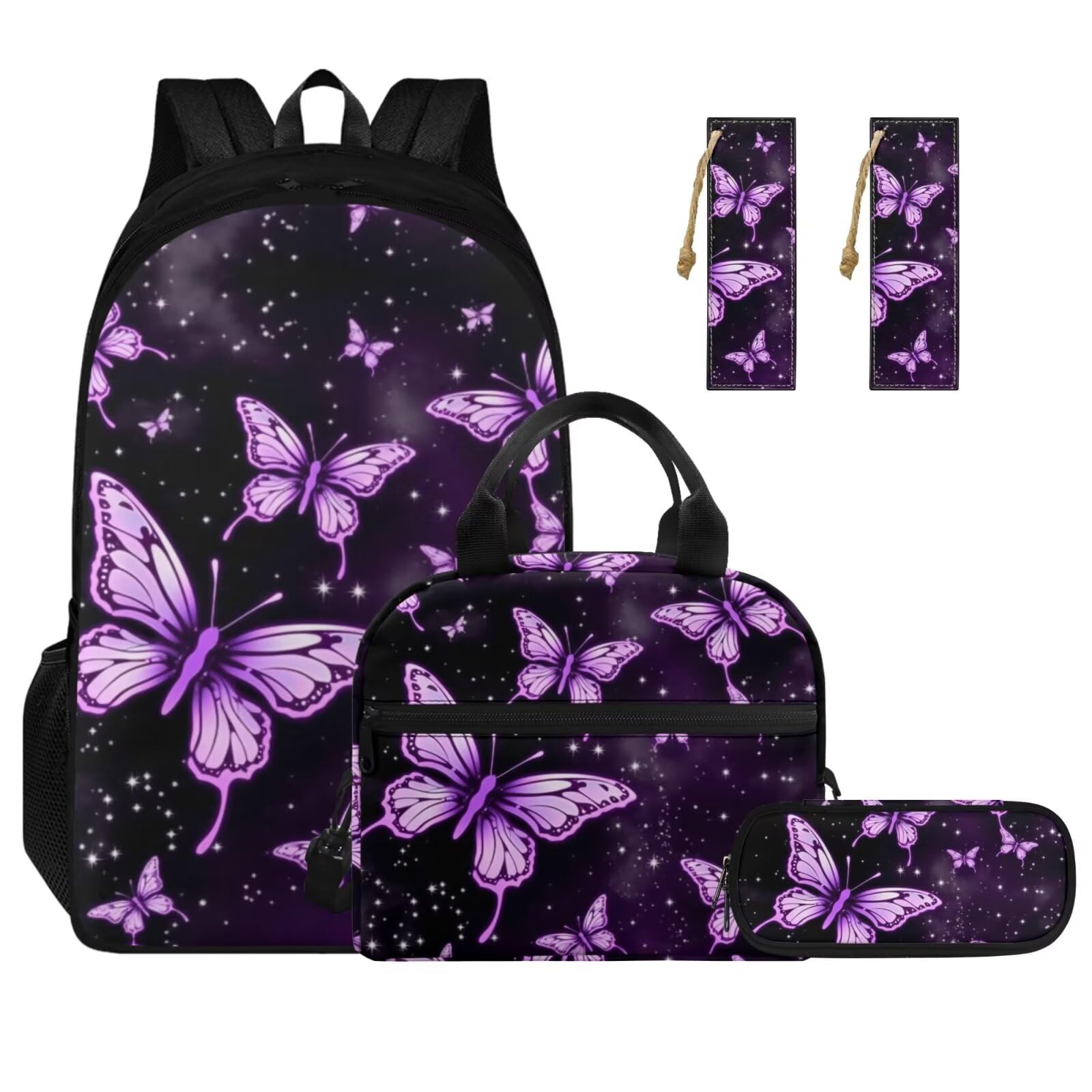 Ystardream Purple Butterfly Backpack for Girls 6th Grade Kids Backpack Set 4 Piece Stylish Student Back To School Book Bag with Bookmark Shouder Bag