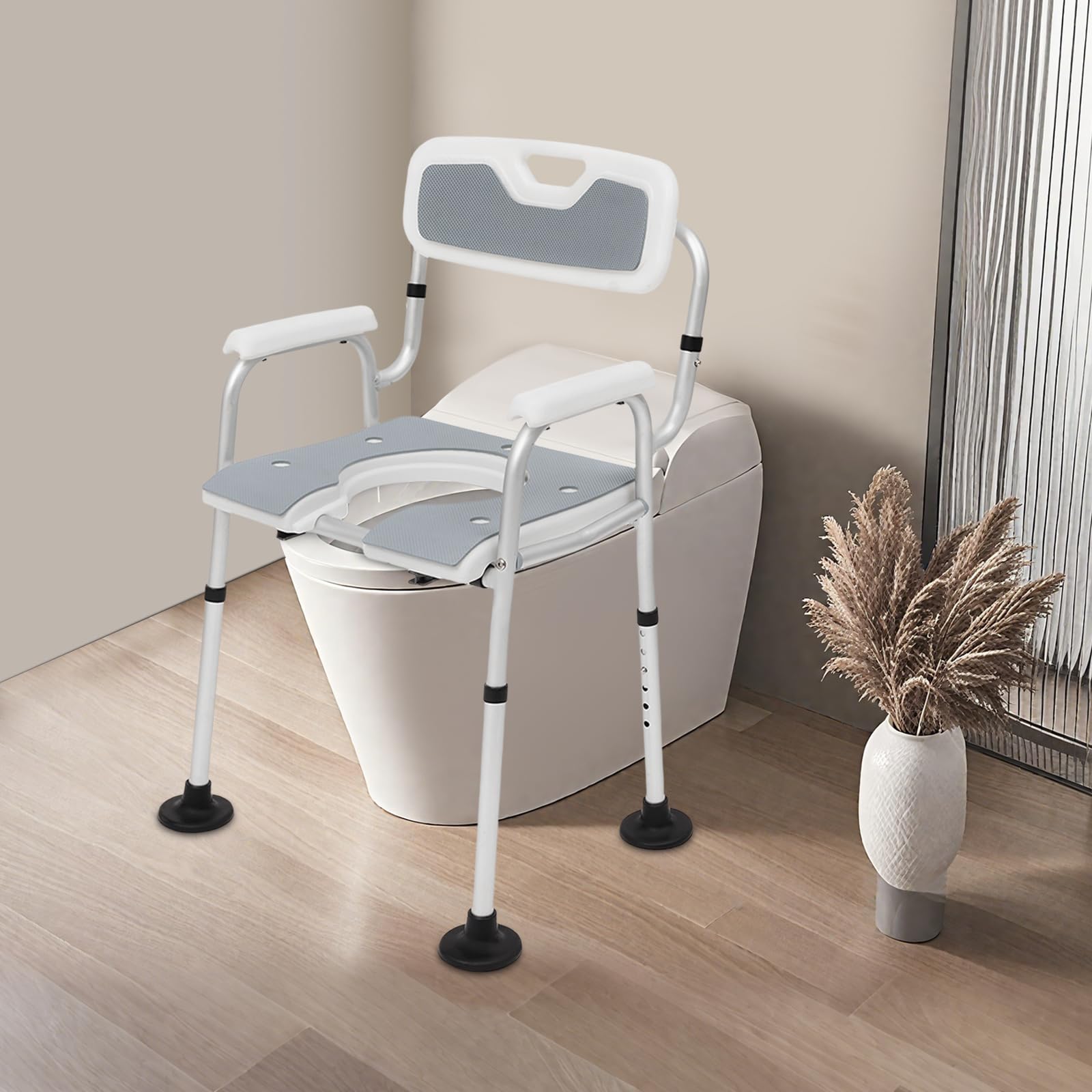 Taburete de ducha regulable en altura, antideslizante, asiento de ducha con reposabrazos y respaldo, silla de inodoro para personas mayores, adultos y discapacitados, capacidad de carga de 150 kg