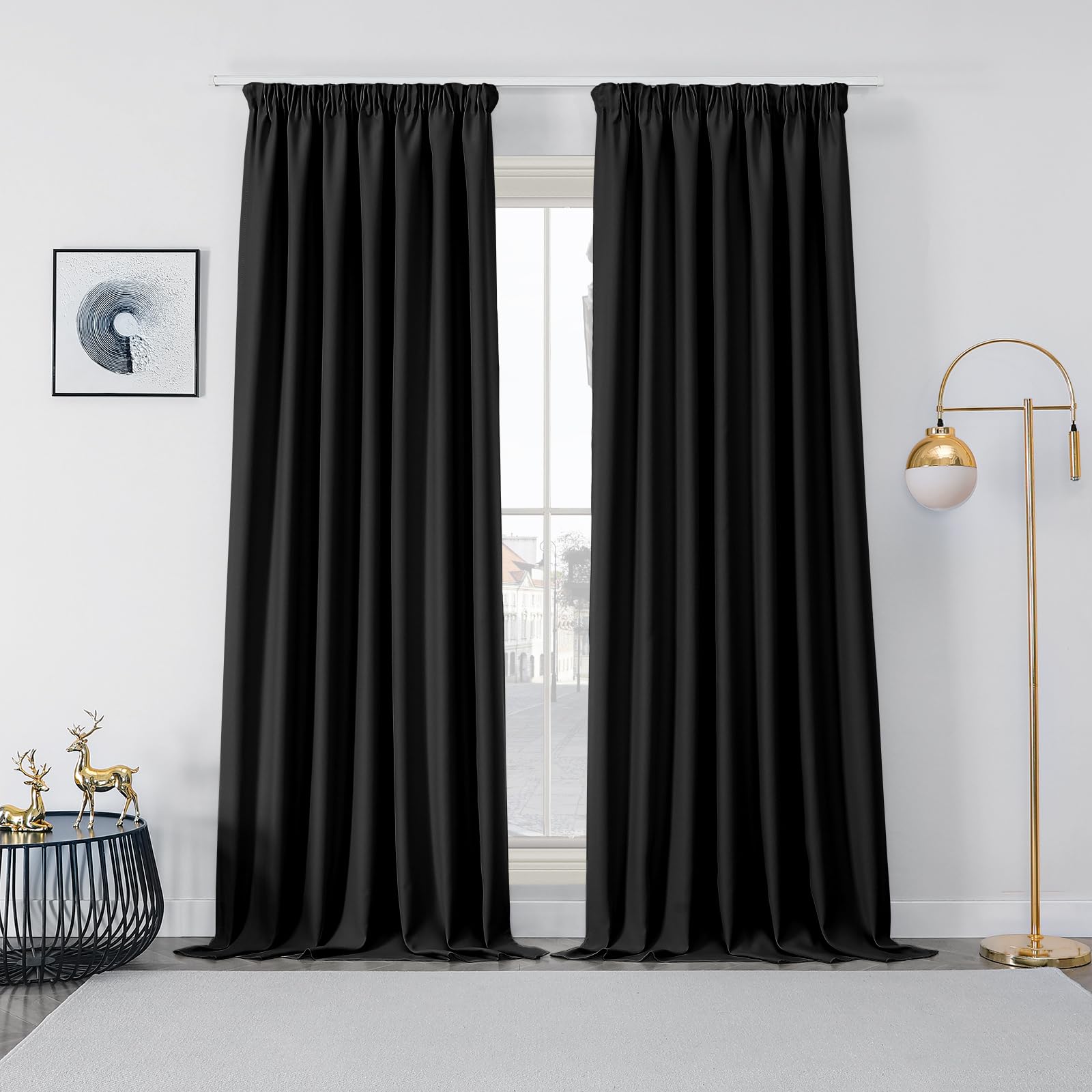 Joydeco Gardinen mit Kräuselband Vorhänge Blickdicht 2 Stück H 245 x B 140 cm Schienensystem Schwarz Verdunkelungsvorhang Thermovorhang Kälteschutz Schlafzimmer Blackout Curtains