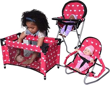 Mega Baby Doll Accessories Set, 3-1 Baby Doll Crib, Baby Doll High Chair & Bouncer Seat. 18 inch Doll Accessories with Doll Bed. 18 Dolls Furniture Play Stuff. Toys for Girls Ages 3-5,4-6,5-7,8-10