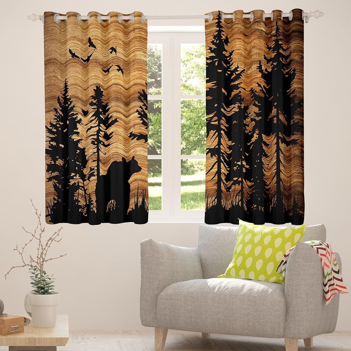 Feelyou Bear Curtains for Bedroom Living Room (2 Panels, 52 x 90 Inch) Rustic Cabin Country Blackout Curtains Vintage Brown Wood Window Treatments Darkening Drapes