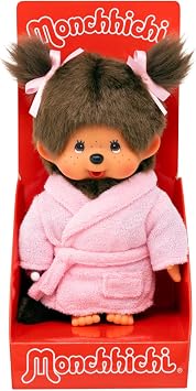 Sekiguchi 203802 Original Monchhichi Girl in Bathrobe, Approx. 20 cm Cuddly Toy Made of Brown Plush