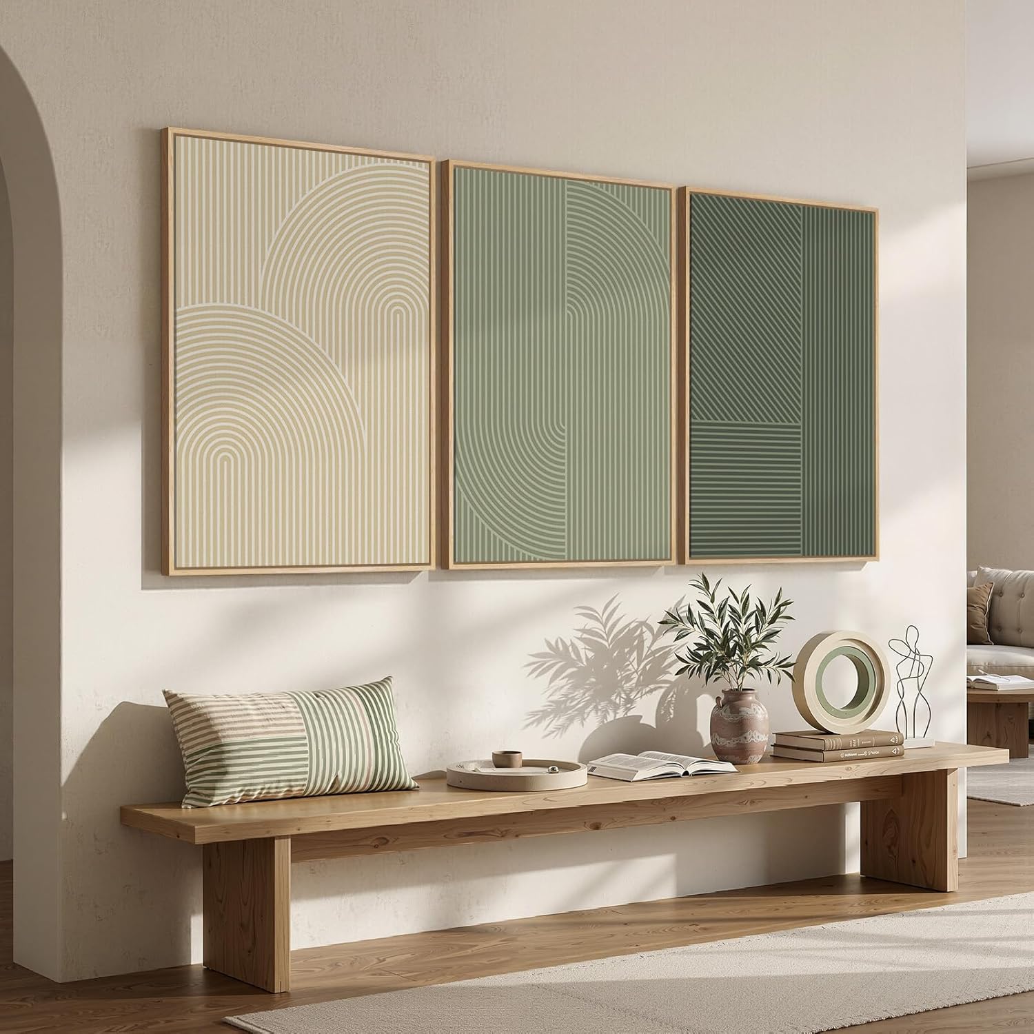 Large Framed Green and Neutral Beige Abstract Wall Art for Living Room, 3 Piece Modern Canvas Prints Paintings, Minimalist Geometric Line Pictures for Hallway Dining Bedroom Office Wall Decor 24x36 In