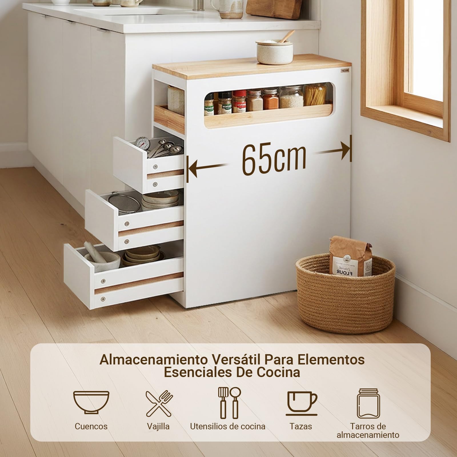 SoBuy Carrito Cocina con Ruedas Armario Almacenaje Blanco 65 x 23 x 82 cm | Mueble Auxiliar de Cocina con Encimera, Cajón y Estantes Abiertos Cajonera Estrecha, BZR54-II-W