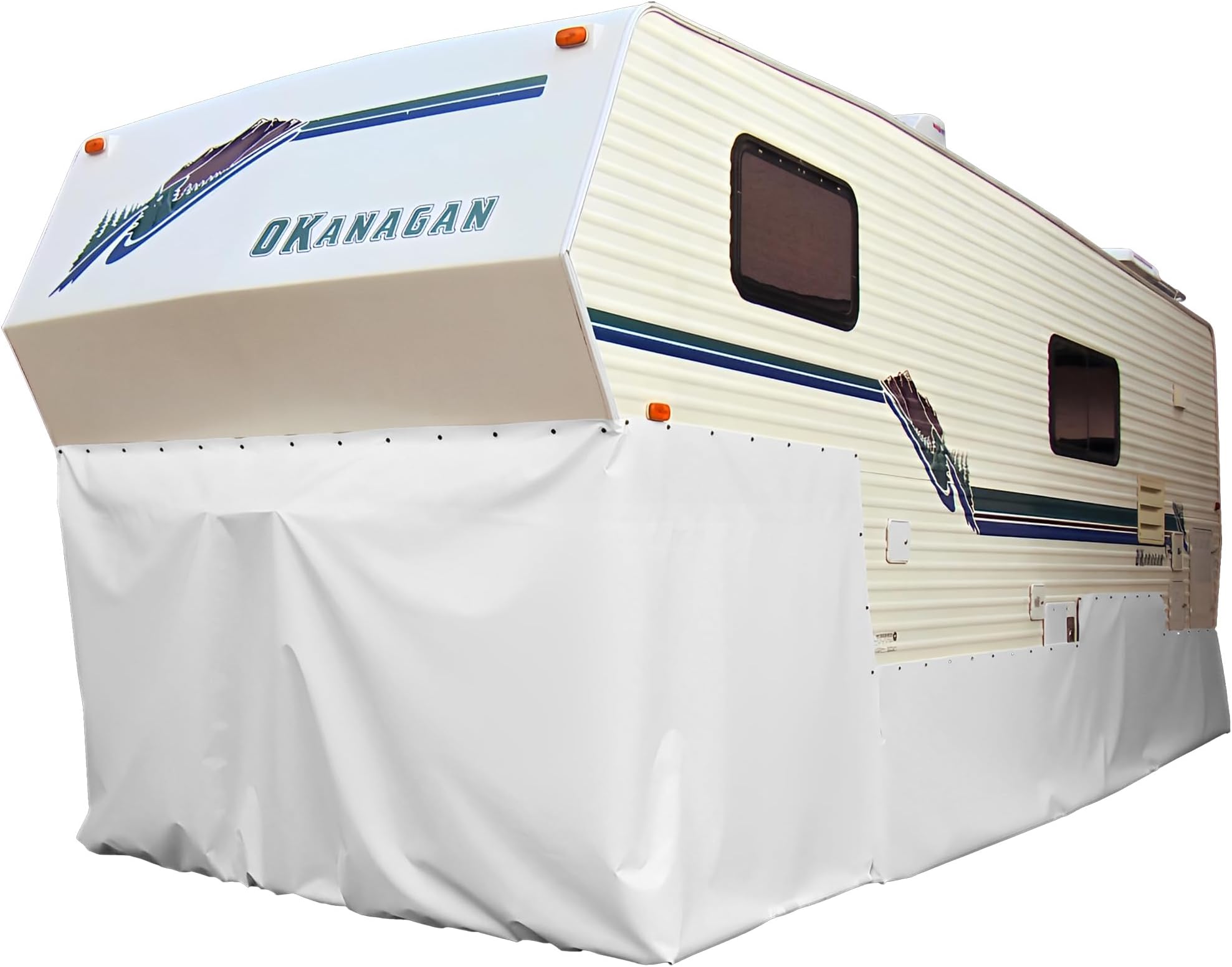 Customizable 5th Wheel Cover - RV Accessories, RV Skirting for 5th Wheel for Winter Living, Travel Trailer Cover, Camper Must Haves - White RV Skirt, No Door, with 3M Adhesives and Screws