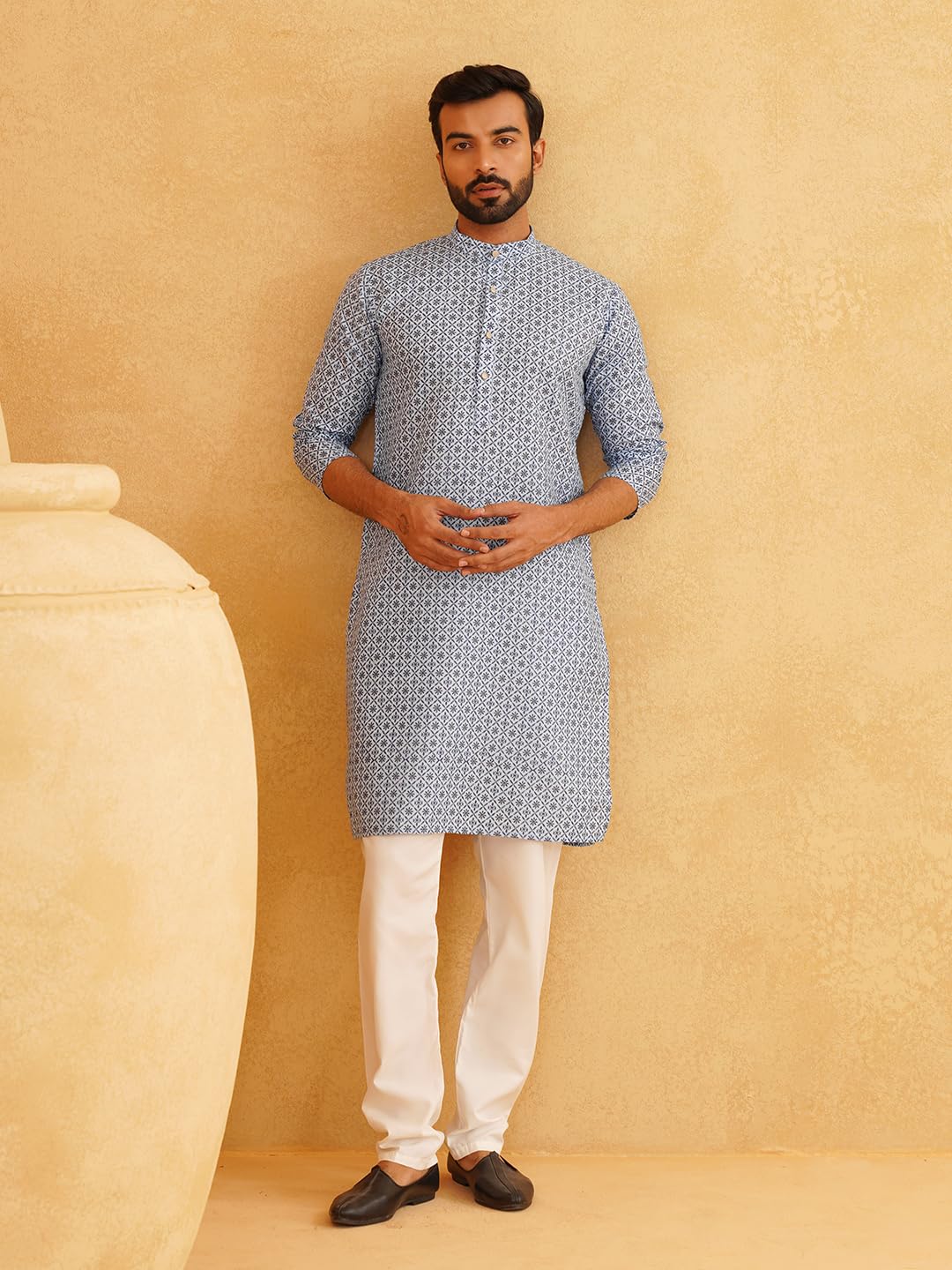 Sojanya (Since 1958 Men's Cotton Linen Blue Foil Printed Kurta And White Pyjama Set