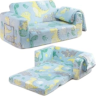 BEJOY Kids Sofa Bed, Extra Wide 2-in-1 Toddler Soft Sherpa Couch Fold Out, Convertible toddler bed to Lounger for Girls and Boys, Glowing Dinosaur