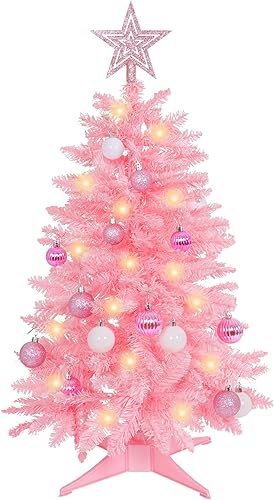 Árbol de Navidad Sunshine Pink con luz artificial de 3 pies, árbol de Navidad completo con bolas de Navidad y árbol de Navidad de estrella para
