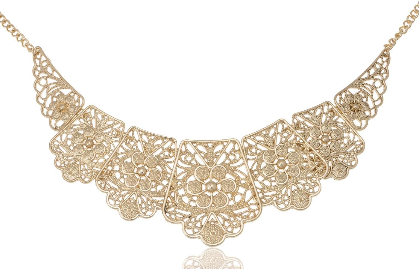 Women's Antique Inspired Matte Filigree Floral Cut Out Chunky Statement Bib Collar Necklace Costume Jewelry
