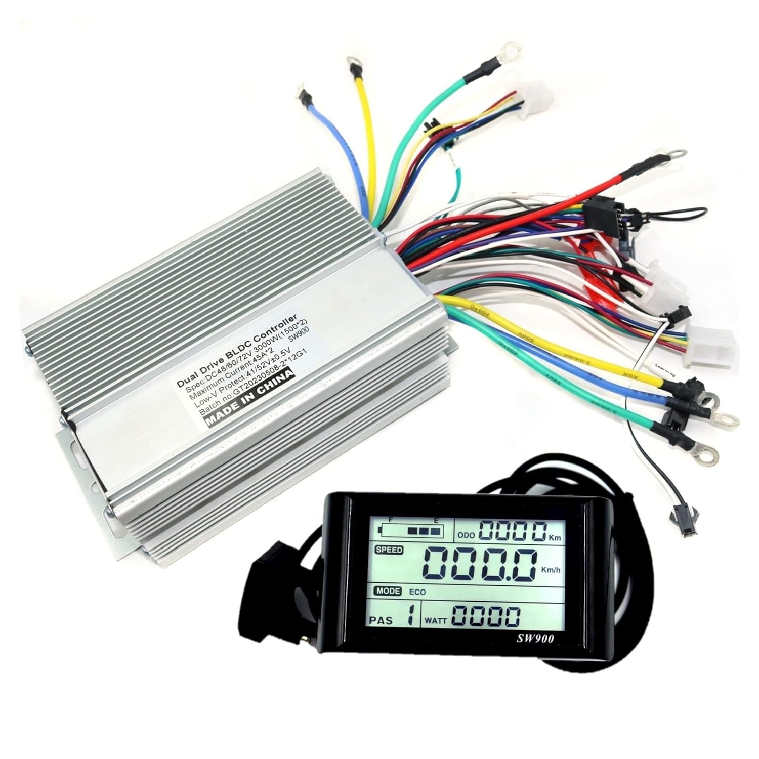 Electric Bike Controller Dual Drive 48/60/72V 3000W Sine Wave Brushless DC Motor Controller Electric Scooter E-Bike Driver and SW900 One Set(60v Set Color Screen)