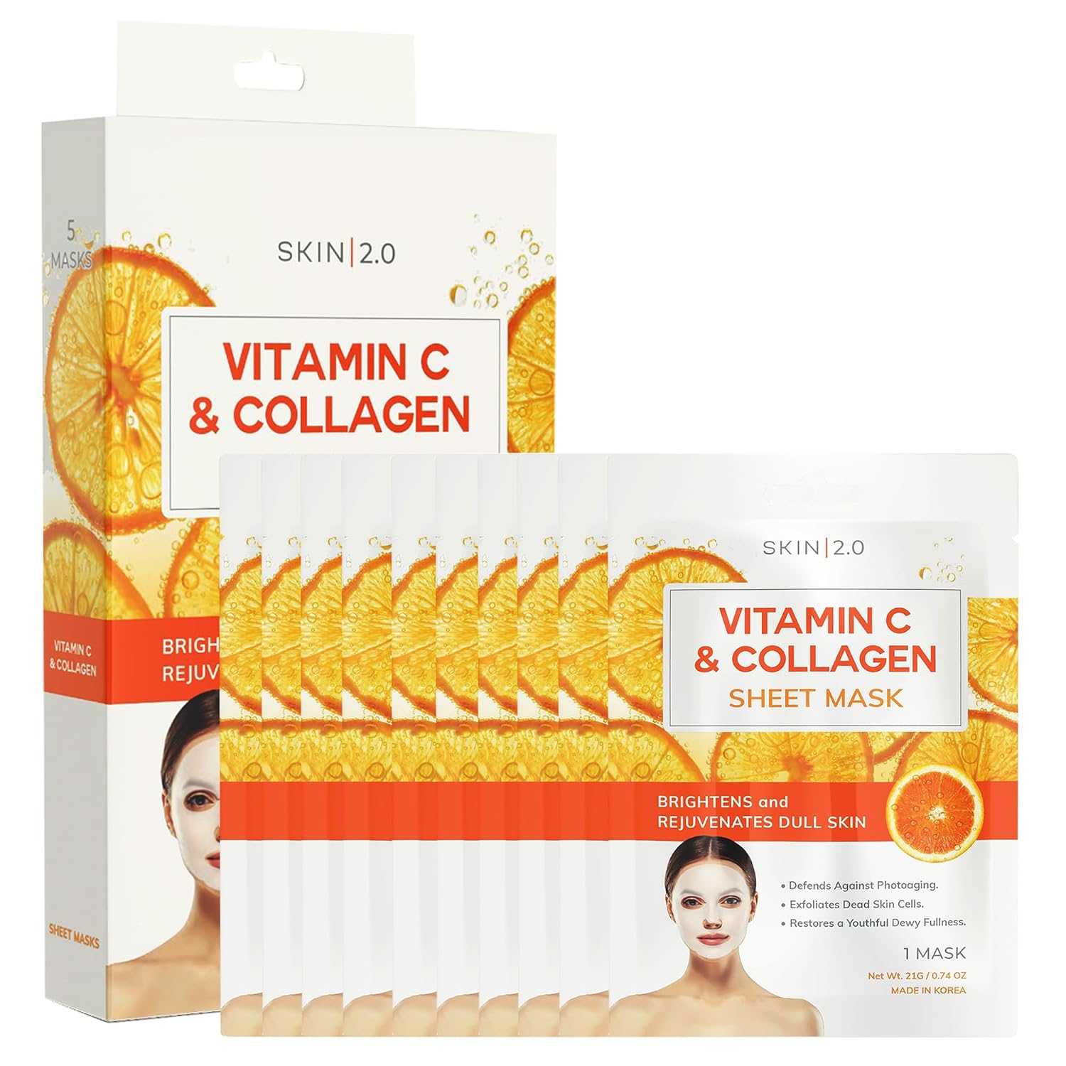 Skin 2.0 Vitamin C & Collagen Sheet Mask - Anti-Aging, Wrinkle & Age Spot Reducer, Hydrating & Moisturizing - Dermatologist Tested Korean Skincare, Clean Beauty, All Skin Types - 20 Count