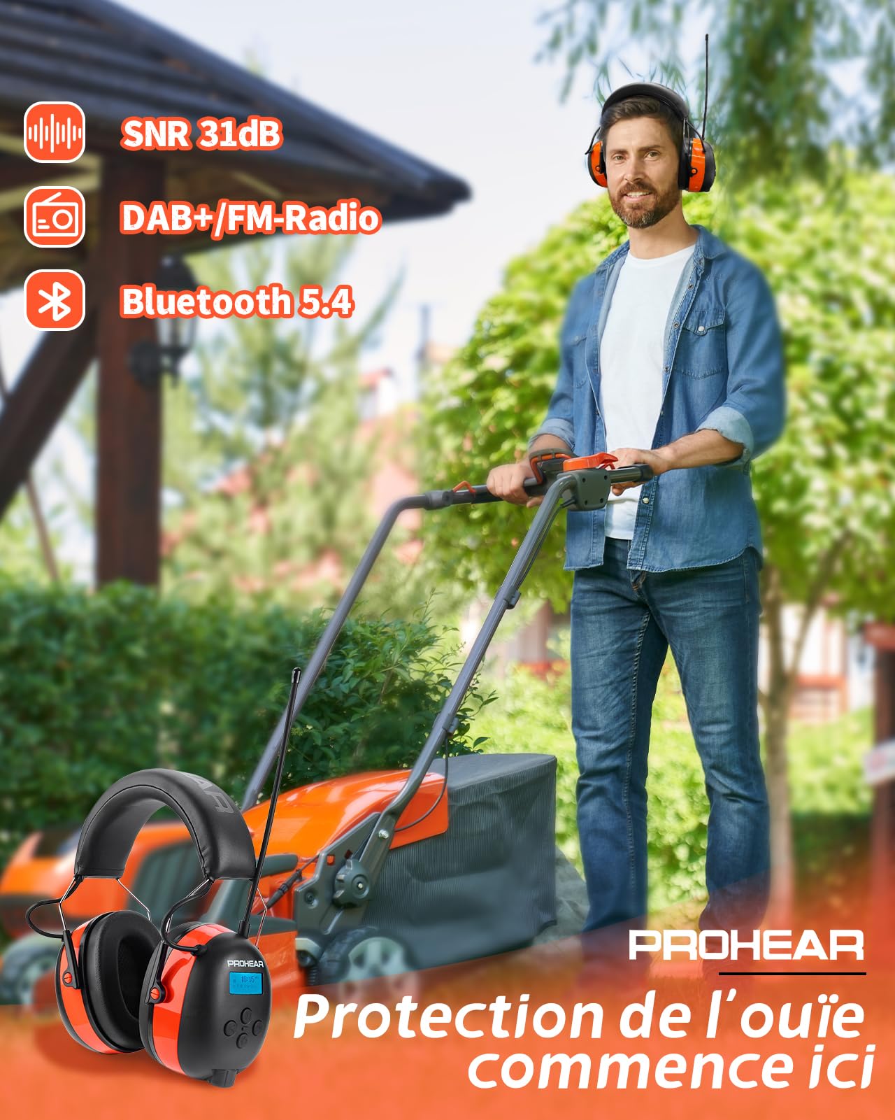 PROHEAR 033A Casque Anti Bruit Radio, DAB+/FM Radio et Bluetooth sans fil, Protection Auditive Electronique Rechargeable, SNR 31dB/NRR 25dB, Pdéal Pour Chantier, Atelier, Jardin et Tonte, Orange