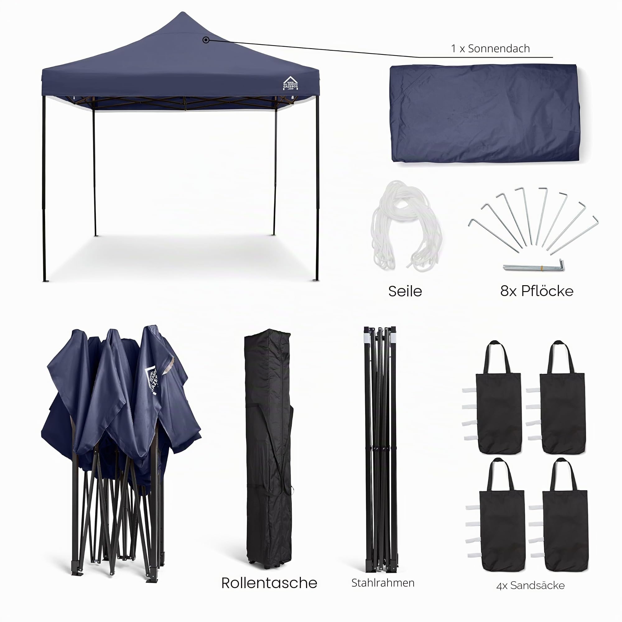 All Seasons Gazebos | 3x3m Pop Up Faltpavillon mit Zubehörpaket | Einfache Montage, Schwerlast, vollständig wasserdicht, hochwertige Materialien (Marineblau)