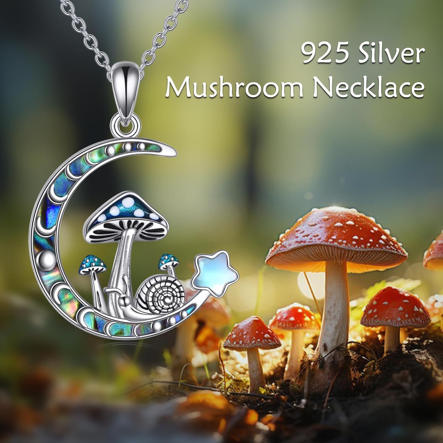 Mushroom Necklace Sterling Silver Mushroom and Moon Pendant Abalone Moonstone Jewelry Gifts for Women - Image 6