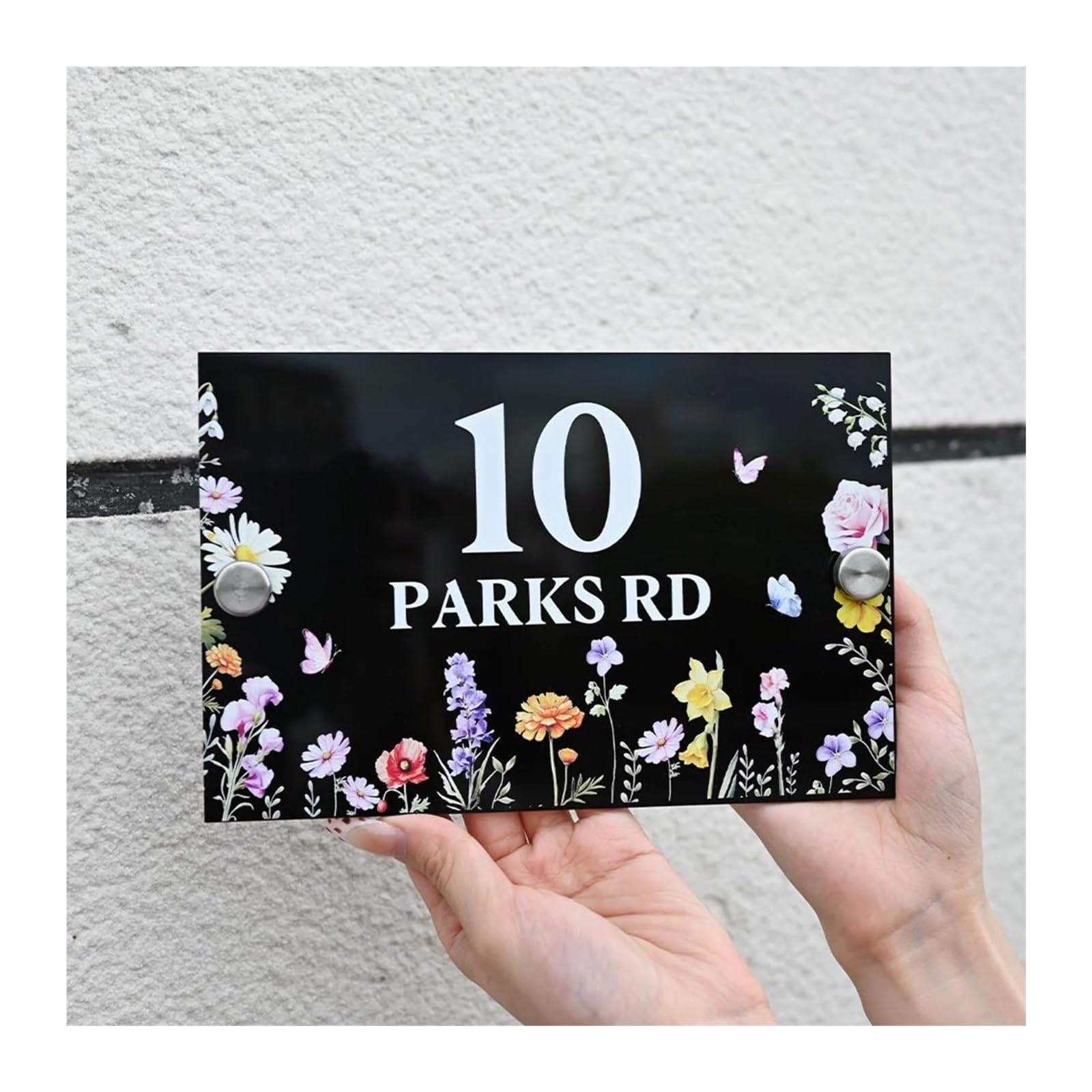 Placa de dirección flores silvestres, cartel acrílico color gris carbón for jardín, número casa moderno, 1 ud(360mm x270mm)