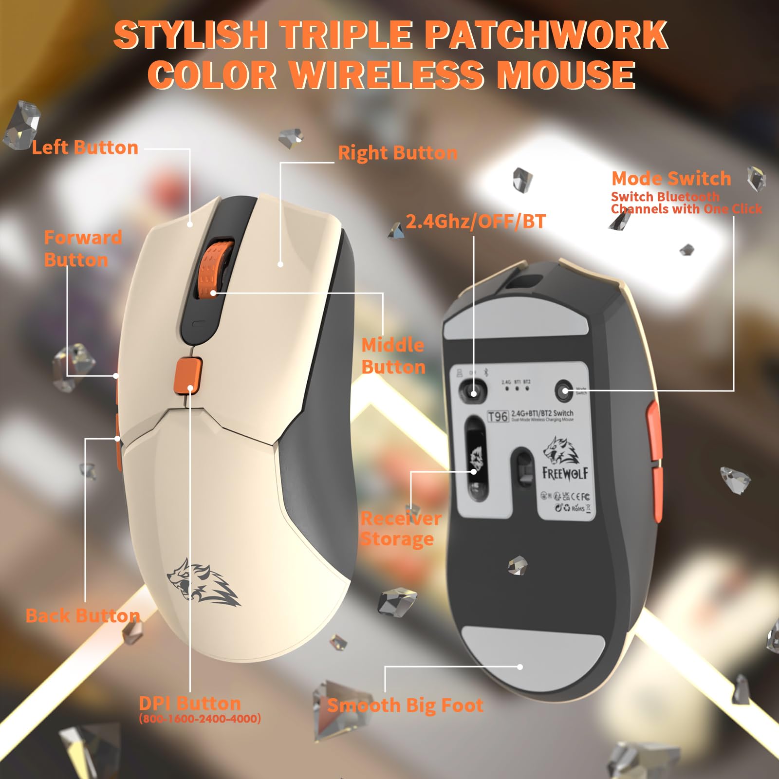 FREEWOLF T96 Bezprzewodowa Klawiatura i Mysz, Bluetooth & 2.4G, Klawisze PBT, Pokrętło Multimedialne, Wyświetlacz, Cicha, Anti-Ghosting, Ładowalna, dla Mac/Windows/Linux –Migotać