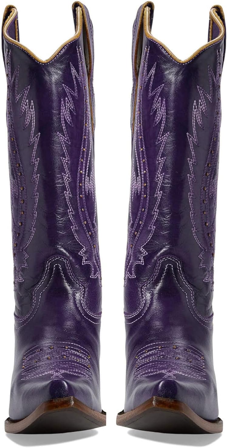 Women's Vintage Embroidered Rivet Snip Toe Cowgirl Block Heel Mid Calf Western Boots Fashion Studded Square Toe Pull On Chunky Heel Cowboy Calf High Boots for Women - Image 3