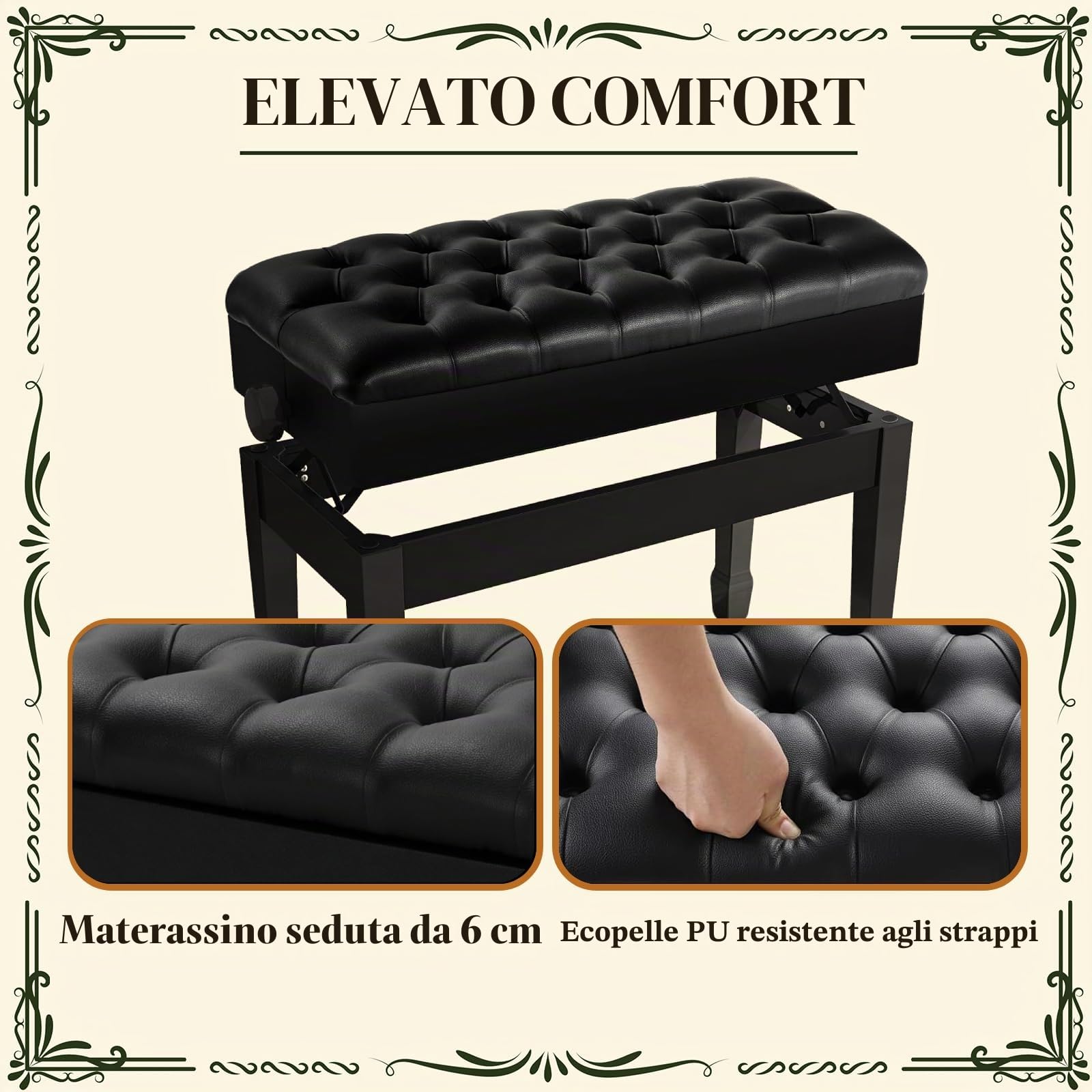 Clevich Sgabello per Pianoforte Duetto, Regolabile in Altezza 50 – 58 cm, con Vano Portaoggetti, Panca per Pianoforte con Cuscino in Pelle PU, con Gambe Curve in Legno, Portata Fino a 200 kg, Nero
