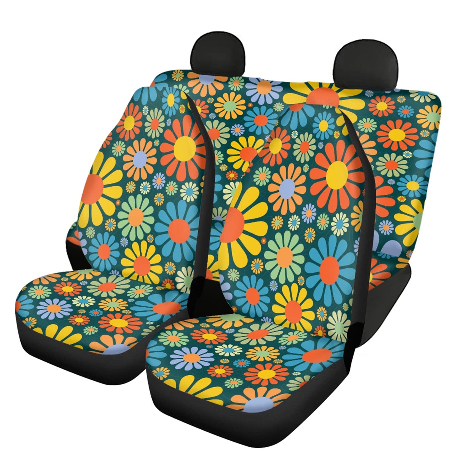 Belidome Set completo di coprisedili per auto, con motivo astratto hippie, anteriore e posteriore, con margherite colorate, universali