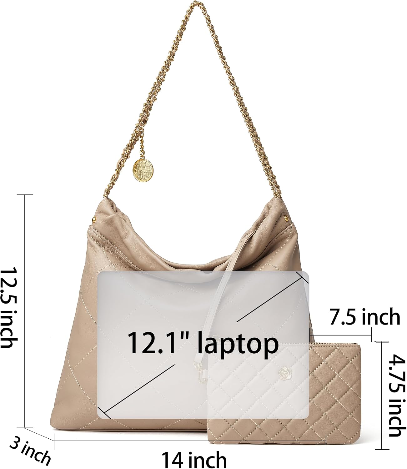 DORIS&JACKY Quilted Leather Tote Bag for Women, Soft Lambskin Designer Shoulder Hobo Chain Purse with 1 Small Clutch