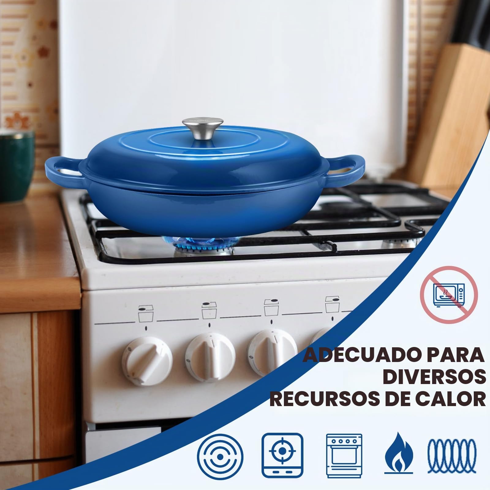 Overmont Cacerola Redonda de Hierro Fundido Esmaltado,con Tapa y Asas,Olla Antiadherente Poco Profunda,para Cocinar en Horno Plancha Cocina de Inducción,para Guisar, Paella,31cm,3.5L,Azul