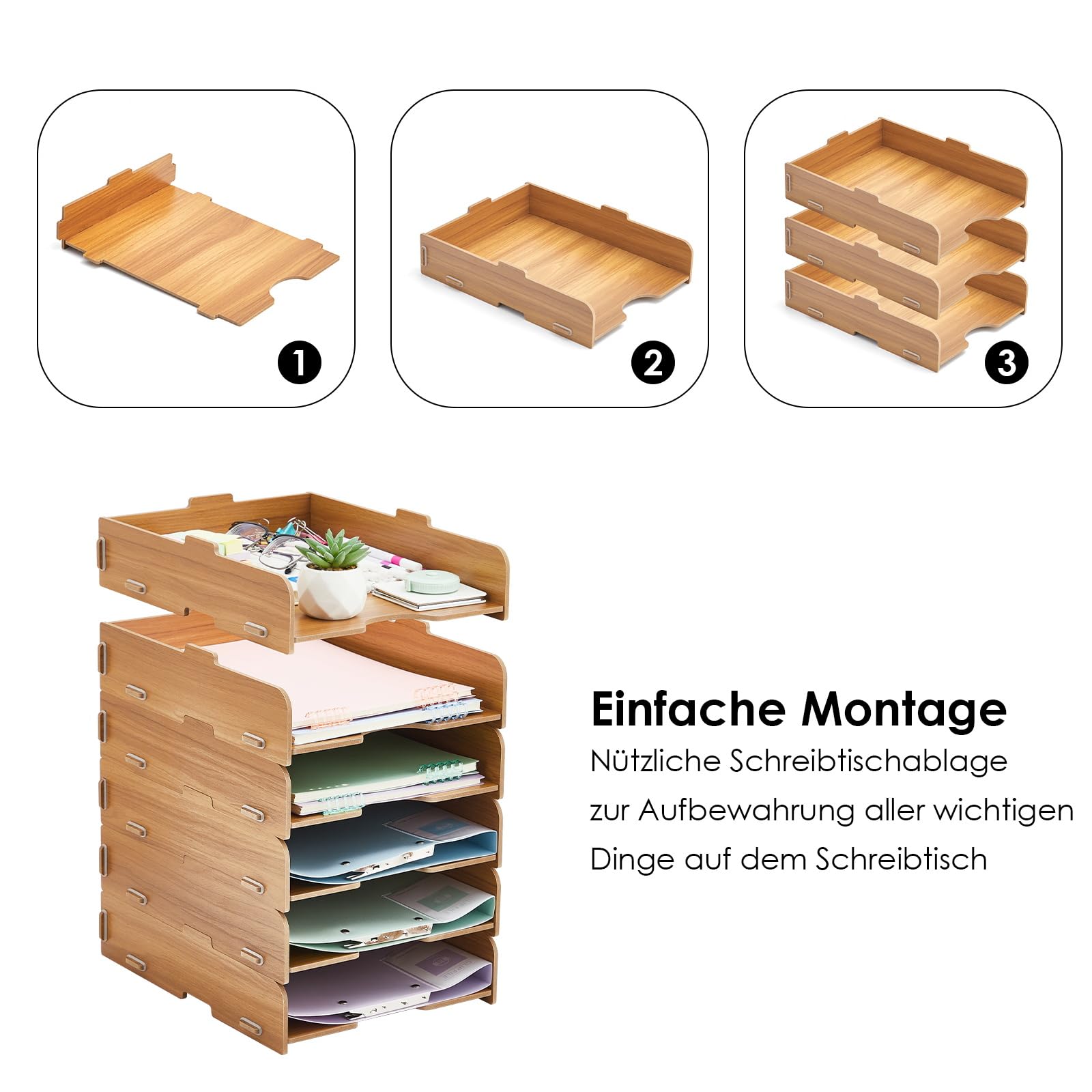 Ablagefächer Stapelbar, 6 STÜCK Büro Organizer Schreibtisch Briefablage Holz für Ablage Schreibtisch/Ablagefächer/Dokumentenablage/Papierablage Aktenablage A4