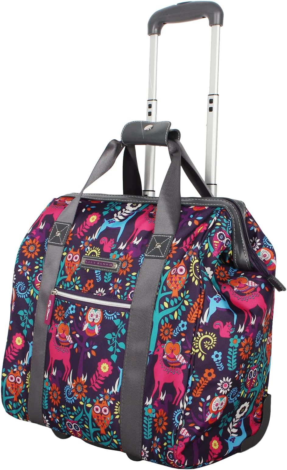 Lily Bloom Designer Under The Seat Tote Cabin Luggage Collection - 15 Inch Patterned Carry on Bag for Women - Lightweight Suitcase with 2 Rolling Wheels, Wildwoods, 15 X 8 X 15 inches