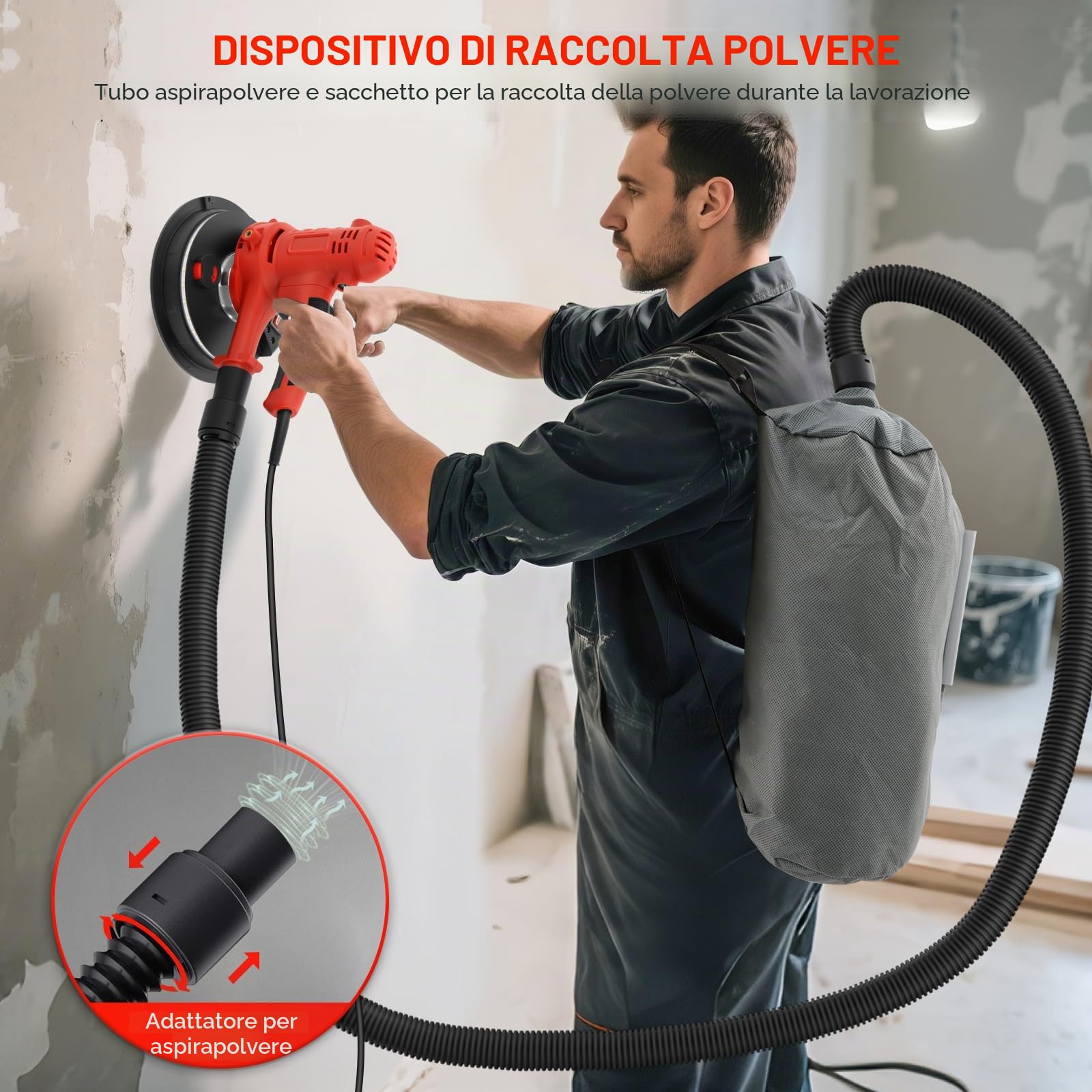 Levigatrice per Muri 800W, 1200-2300 giri/min Levigatrice a Secco Velocità Regolabile, con Aspirazione Polvere Automatica, Luce LED e 12 Dischi Abrasivi Inclusi