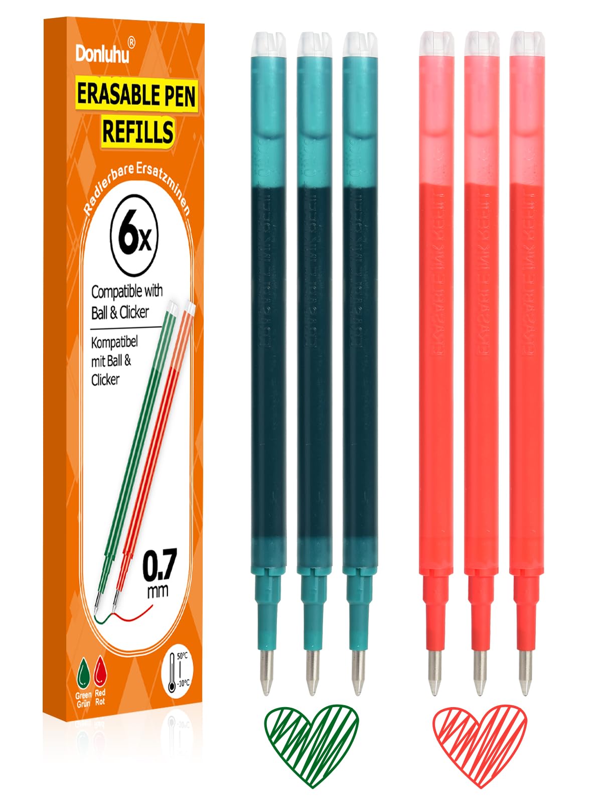 Donluhu Radierbare Ersatzminen [3 Rot und 3 Grün, 6er Pack, 0.7mm] Kompatibel mit Pilot FriXion Ball & Clicker & Eberhard Faber Animal Erase Stifte, Ersatzmine für Gelstift radierbar