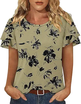 CRAZY GRID Women's Shirts Summer Casual Crewneck Ruffle Short Sleeve Blouses Cute Floral Print Tunic Tops
