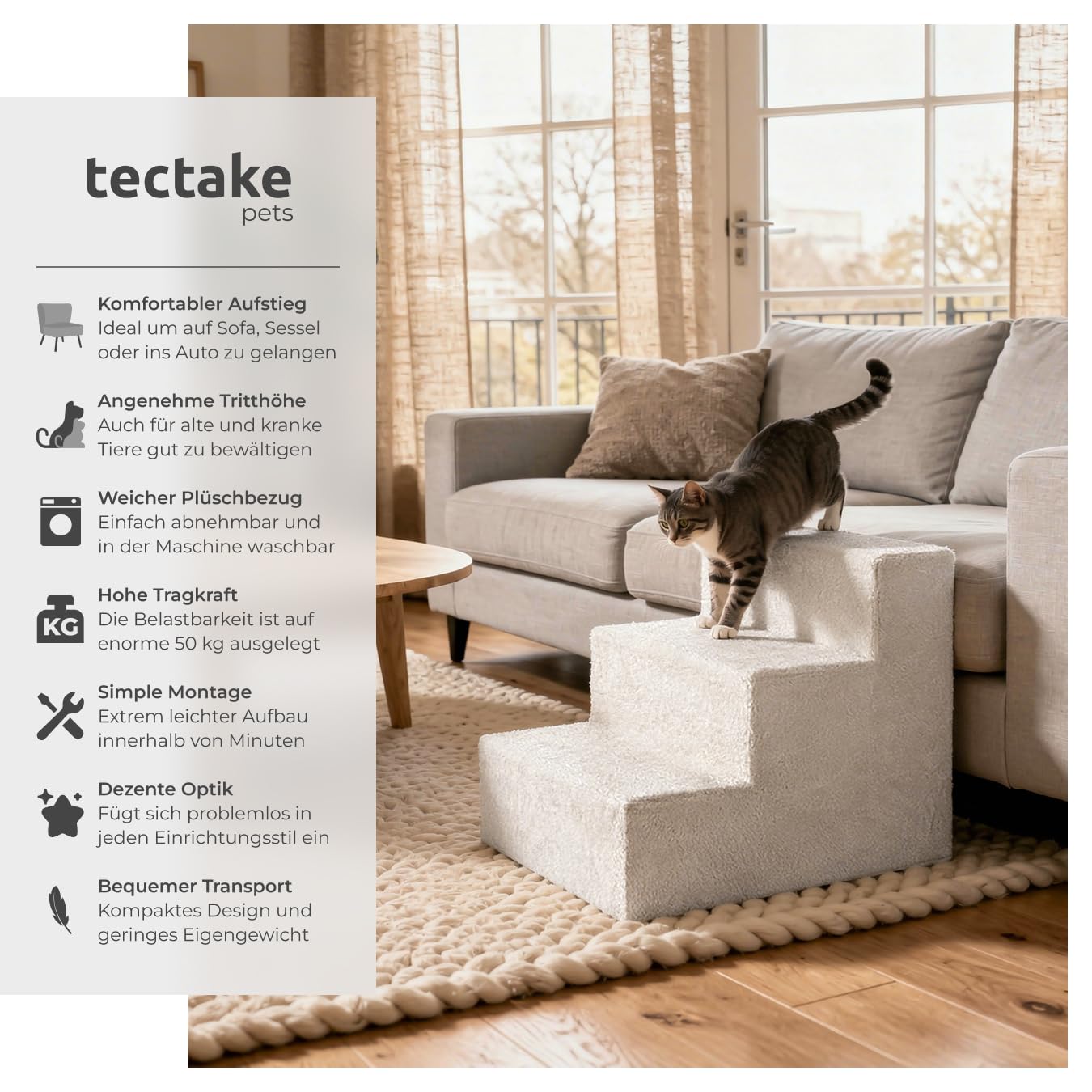 tectake® Hundetreppe oder Katzentreppe, Haustiertreppe, Einstiegshilfe mit waschbarem Bezug, extra Flache Treppenstufen, Tiertreppe für Sofa, Bett oder Auto (Sand, 37 x 45 x 34,5 cm, 3)