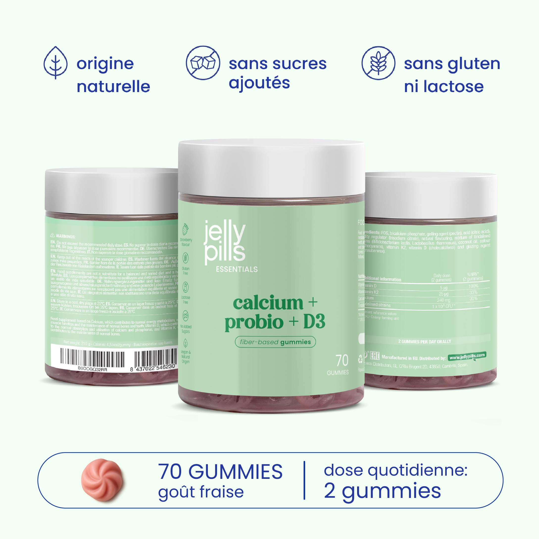Jelly Pills Gummies calcium avec vitamine D3, K2 et probiotiques - 70 gummies véganes - sans sucres ajoutés - goût fraise - os, dents & digestion