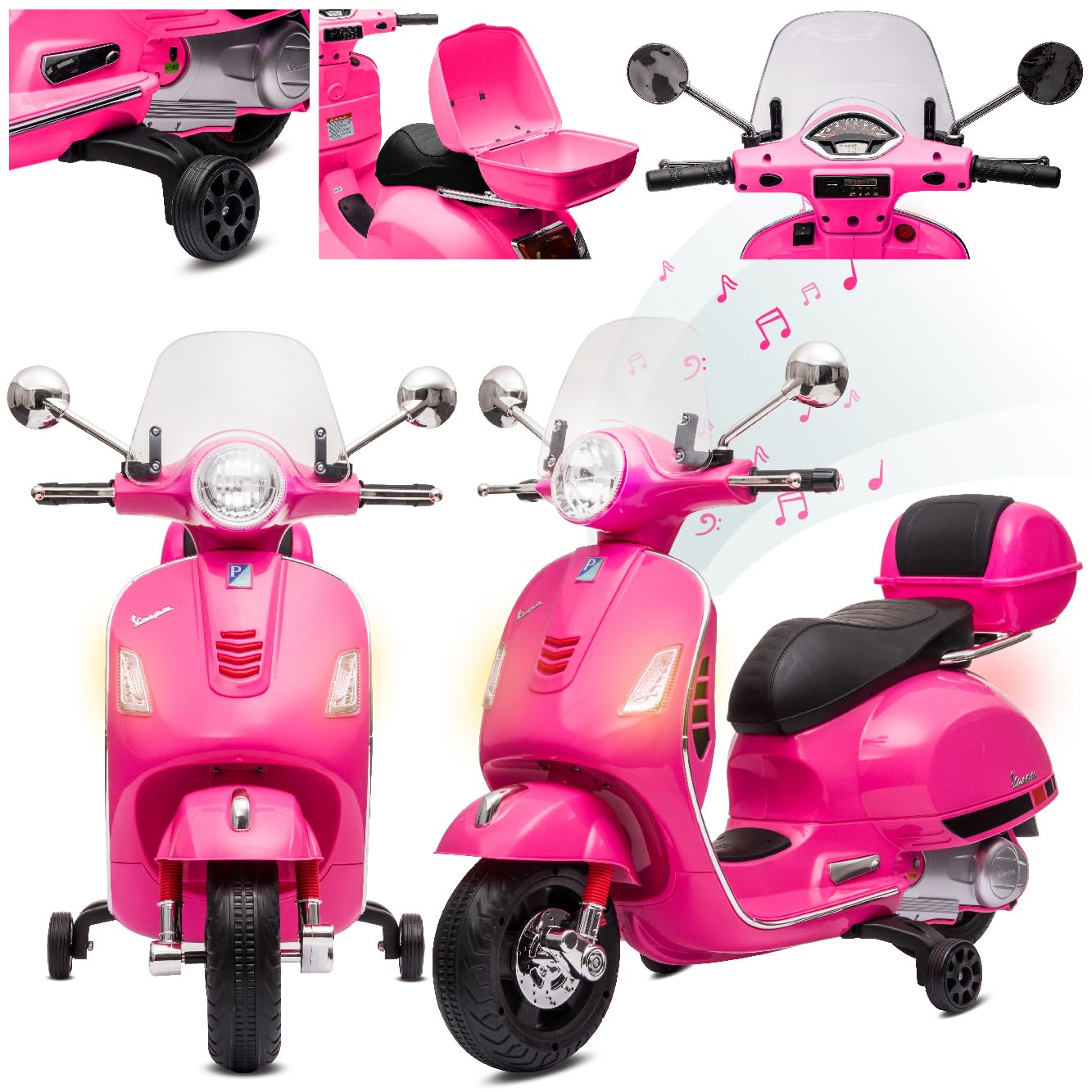 Moto elettrica per bambini Vespa, Motocicletta con ruote e sedile in plastica, bagagliaio, lettore MP3, presa AUX USD MicroSD (Fuchsia)