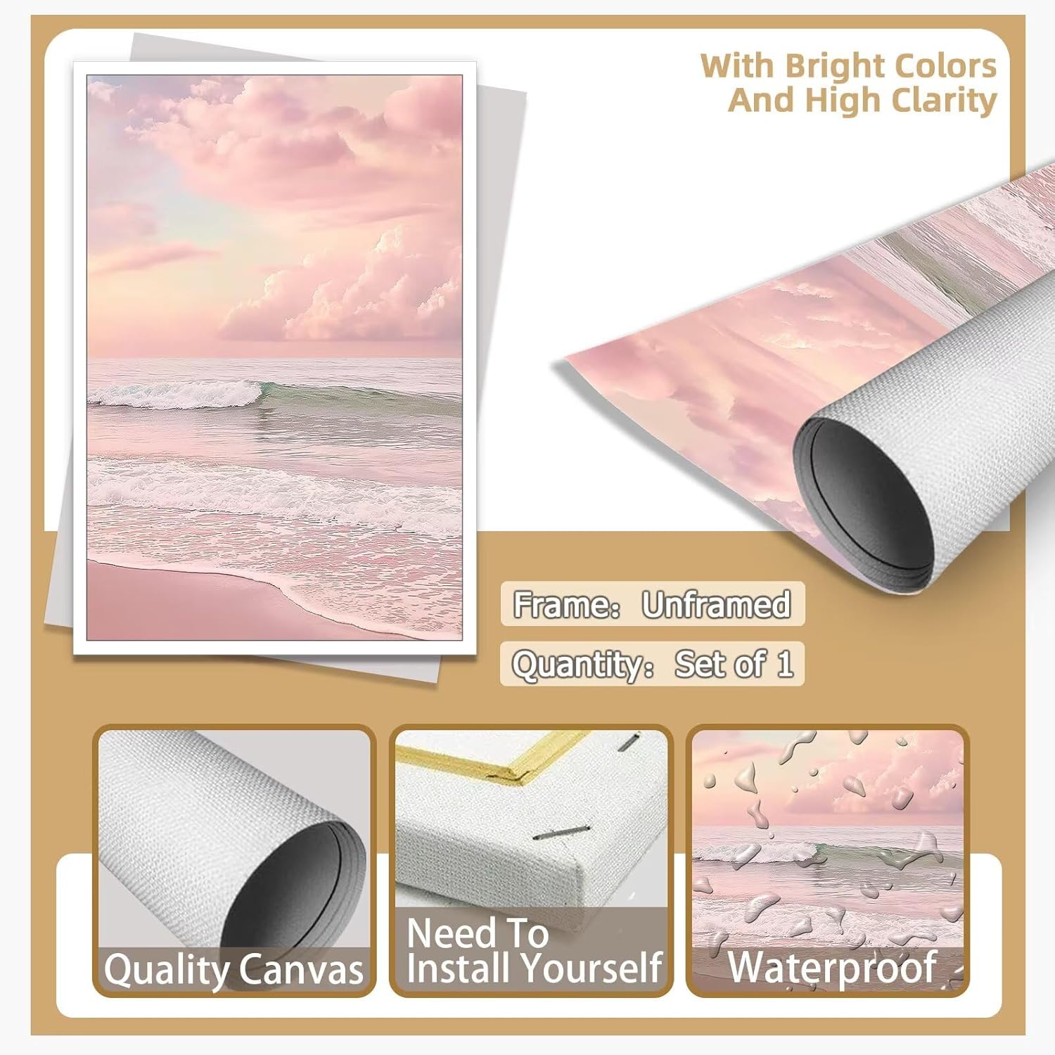 Modern Serene Pastel Pink Beach Picture Print Minimalism Sunset Coastal Wall Art Nature Abstract Aesthetic Ocean Canvas Poster Decor for Bedroom Living Room Coastal Space 24x36inch Unframed
