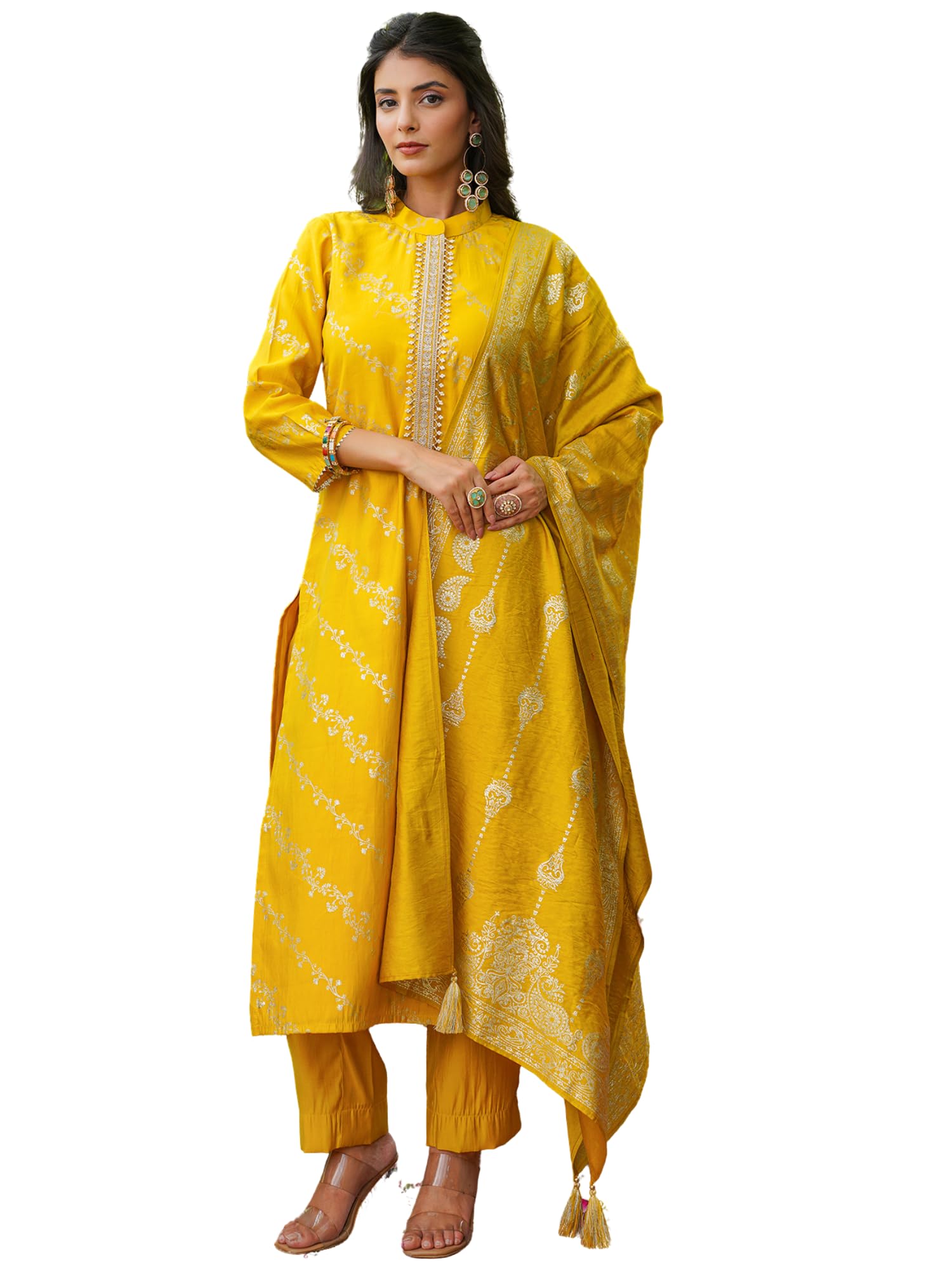 Vaamsi Women's Yellow Silk Blend Printed Straight Floral Kurta Trousers With Dupatta Sets | Daily Straight Kurta Set For Women | Printed Salwar Suit For Womens, Yellow, M