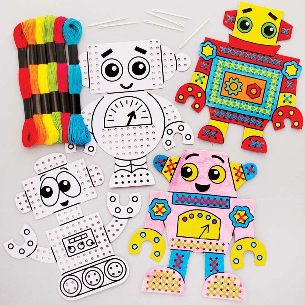 Baker Ross FE410 Robot Colour in Cross Stitch Kits - Pack of 6, Sewing for Beginners, Make Your Own for Kids, Cross Stitch for Children