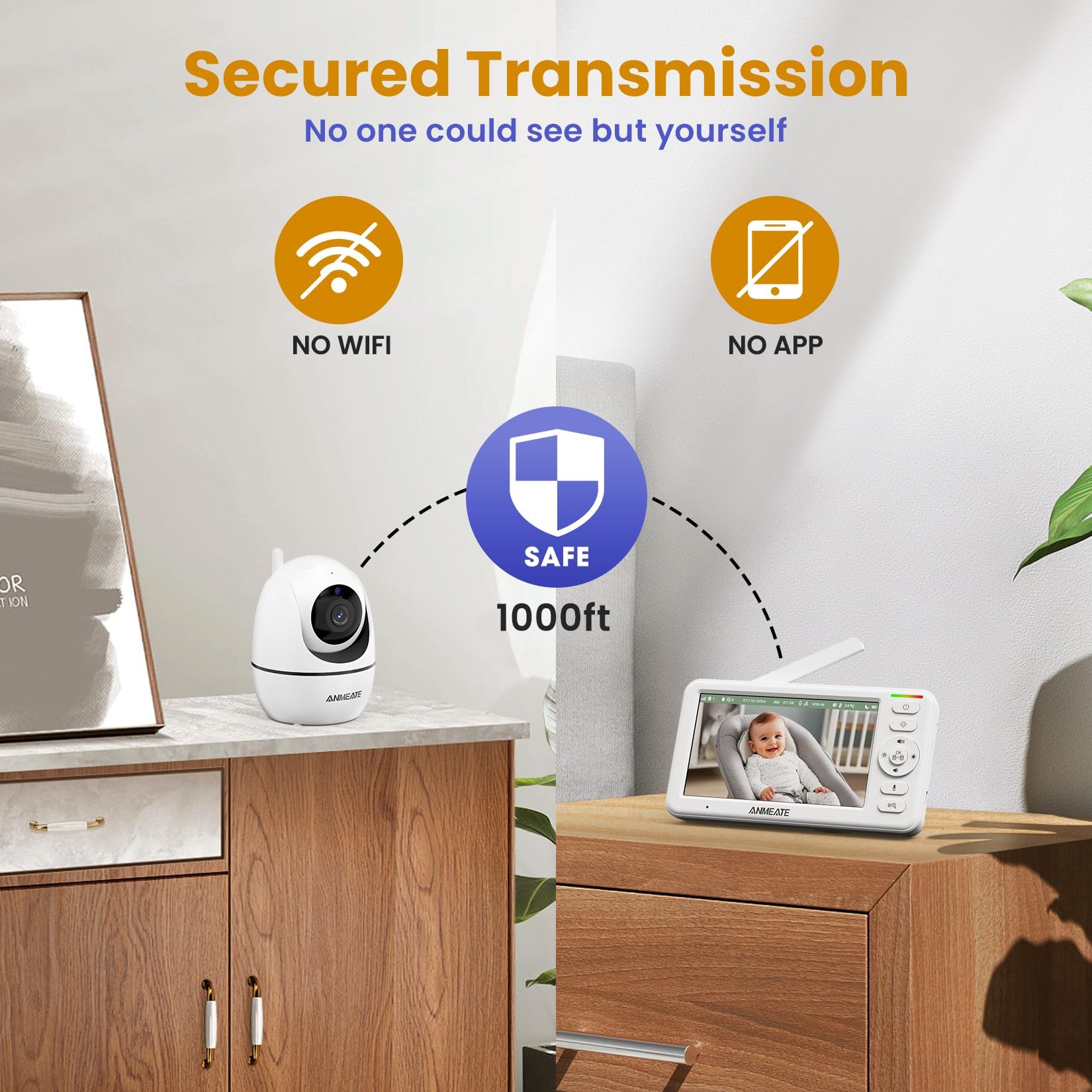 Moniteur bébé avec caméra et audio: caméra bébé 720p sans WiFi, affichage HD 5 pouces, panoramique à distance, inclinaison et zoom, 48 heures d'autonomie de la batterie, vision nocturne HD