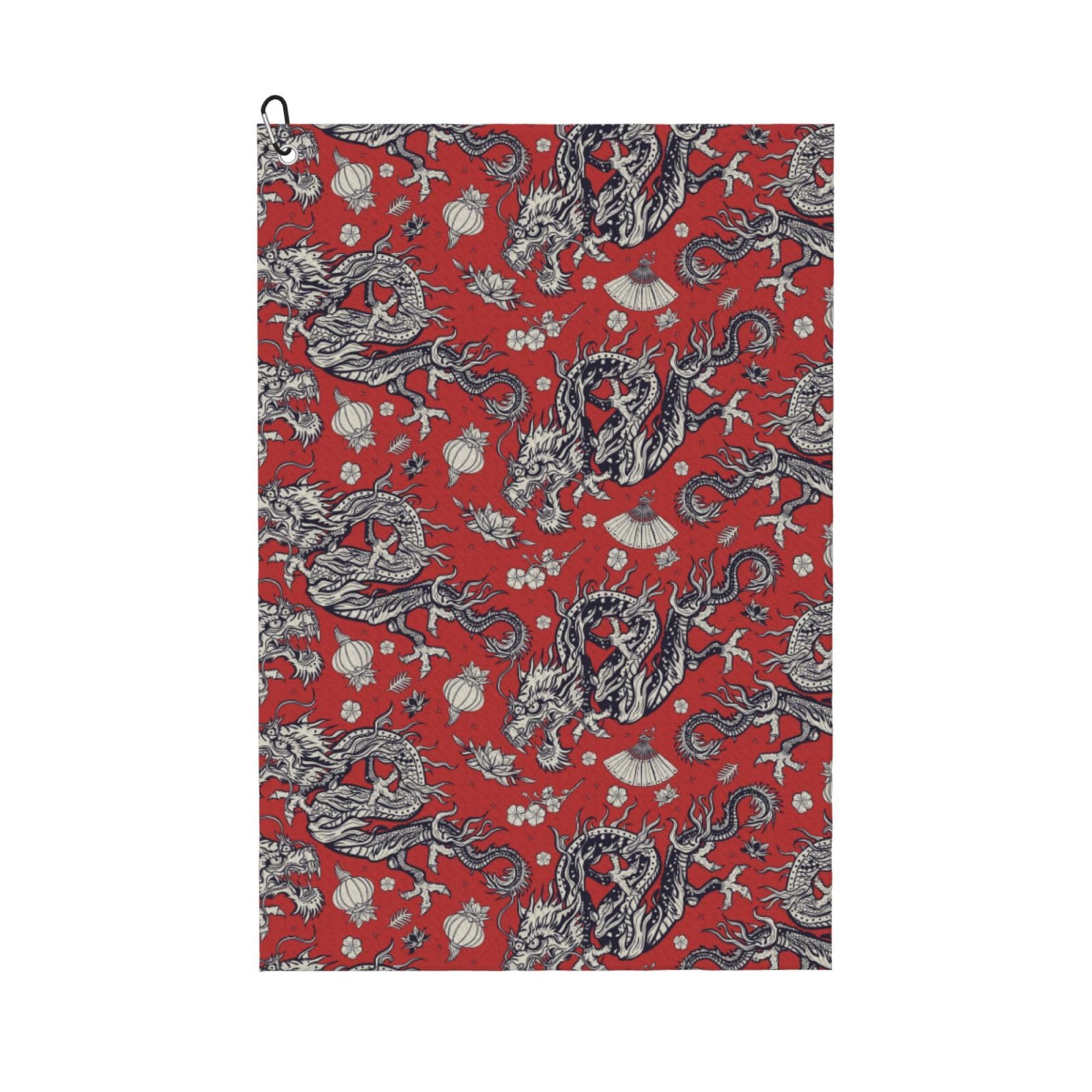 AOOEDM Dragons Print Golf Towel with Carabiner Clip Absorbent Microfiber Golf Towel for Cleaning Golf Ball Club Putter Iron for Golf Bag Trolly Belt Loop 16" X 24"