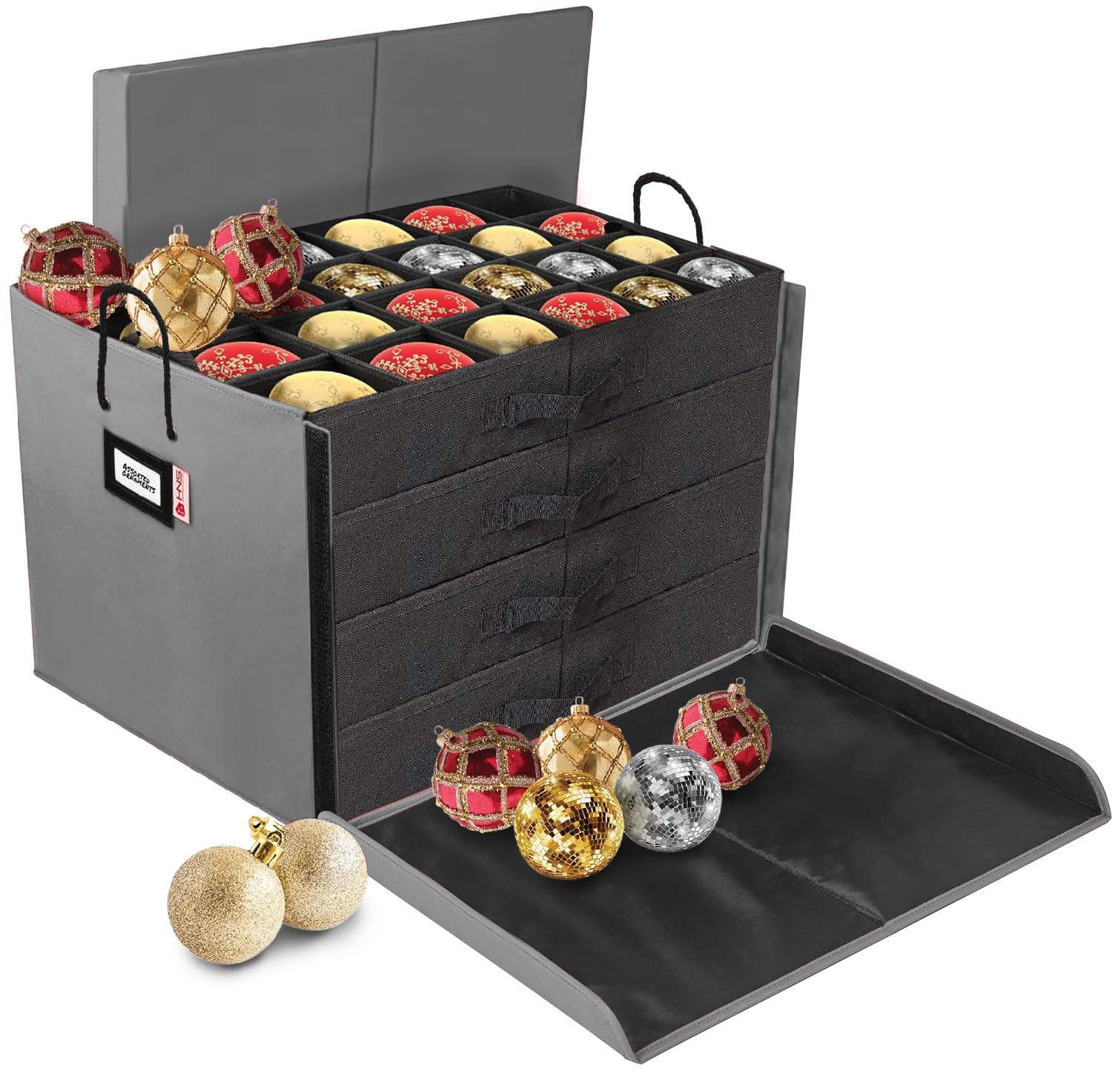 HOLDN STORAGE Christmas Ornament Storage Box with Dividers, Stores Ornaments up to 96 of 3 Inch Large Christmas Ball Storage Containers with 4 Trays - Gray