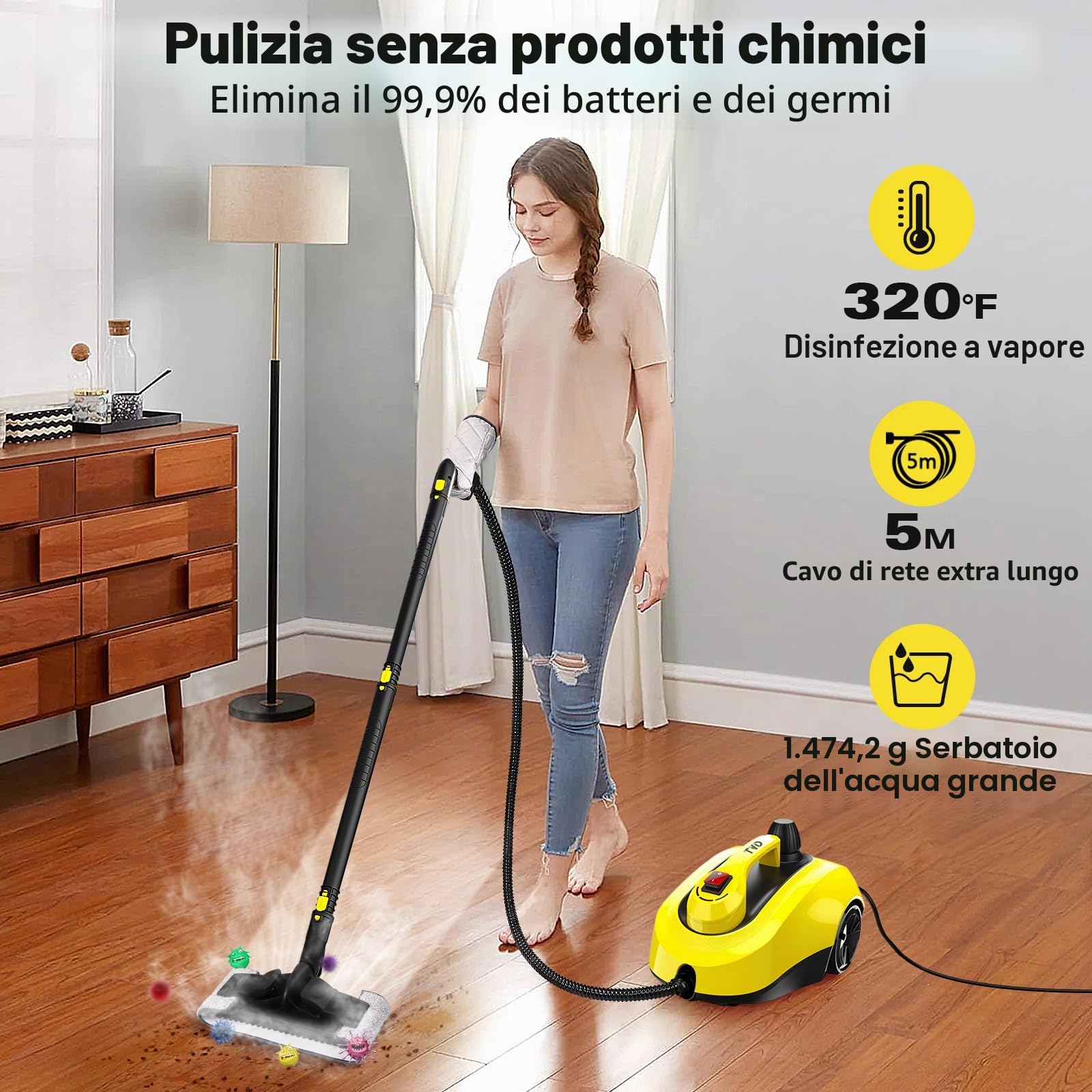 TVD Pulitore a Vapore Mobile, Pressione 3,5 bar, 1.5L, Con 26 Accessori | Con Cavo di Alimentazione Extra Lungo 5 m | per Pavimenti, Forno, Piastrelle, Tappeti, Cucina, Bagno | Senza Chimiche
