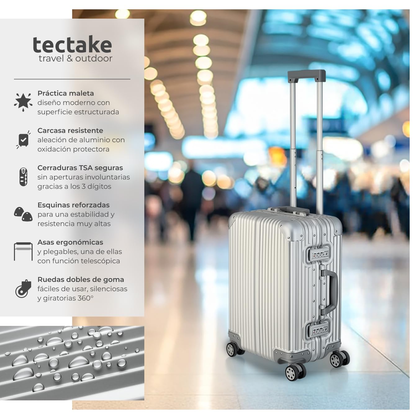 tectake® Maleta Cabina Rígida de Aluminio con Cerraduras TSA, Maleta Mediana Equipaje de Mano en Avión, Maletas de Cabina Ligera, Maletas de Viaje - 53 x 37,5 x 24 cm Plateado