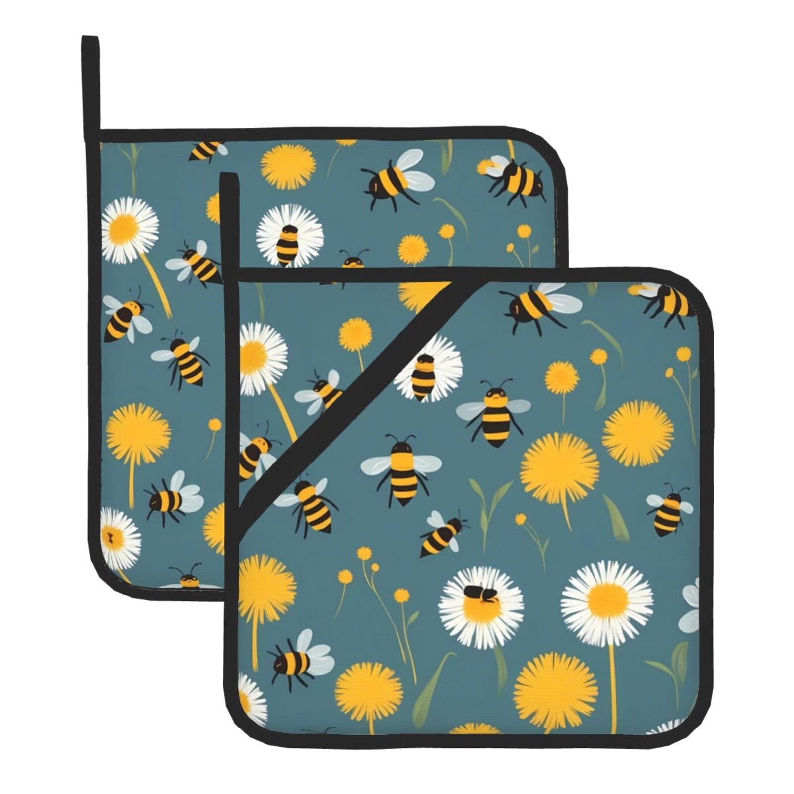 HJFCZH Little Bees On Dandelions Printed Square Insulated Pot Mat Set (2-Piece) 8x8in Waterproof, Thickened & Easy to Clean with Lanyard Design for Kitchen, Oven & BBQ
