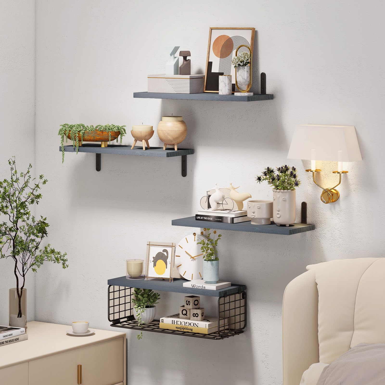 Fixwal 4+1 Tier Floating Shelves Rustic Wood Wall Mounted Shelf, Bathroom Shelves Over Toilet with Wire Storage Basket, Farmhouse Wall Decor for Bedroom, Kitchen, Living Room and Plants (Gray)