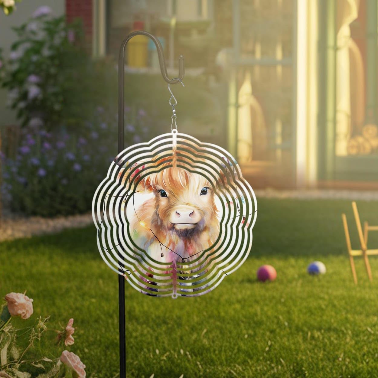 Highland Cow Light Christmas Wind Spinners 3D Stainless Steel Laser Cut Metal Double Sided Printing-Hanging Indoor/Outdoor Decorations Yard Gardening Decor,Metal Kinetic Art 16x16 inches