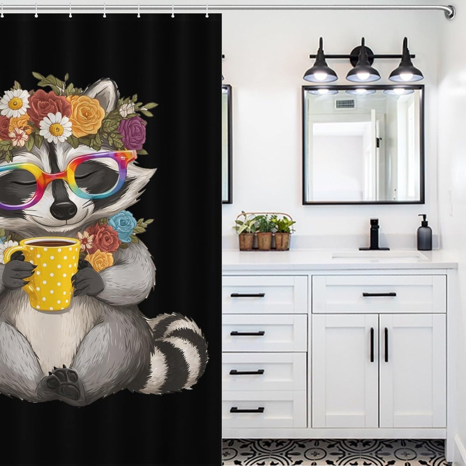 Animal Raccoon Coffee Shower Curtain 46.85x70.87Inch（119x180cm） Polyester Bath Curtain Shower Curtains Printed Decorative