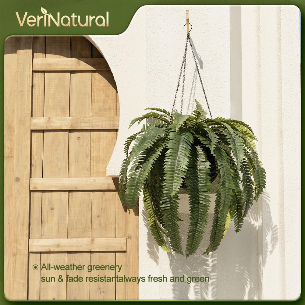 48" Artificial Boston Fern Hanging Plants with Basket - UV Resistant Fake Plant for Outdoor Indoor - Large Realistic Faux Greenery for Front Porch, Front Door, Patio Decor, Set of 1, VN142