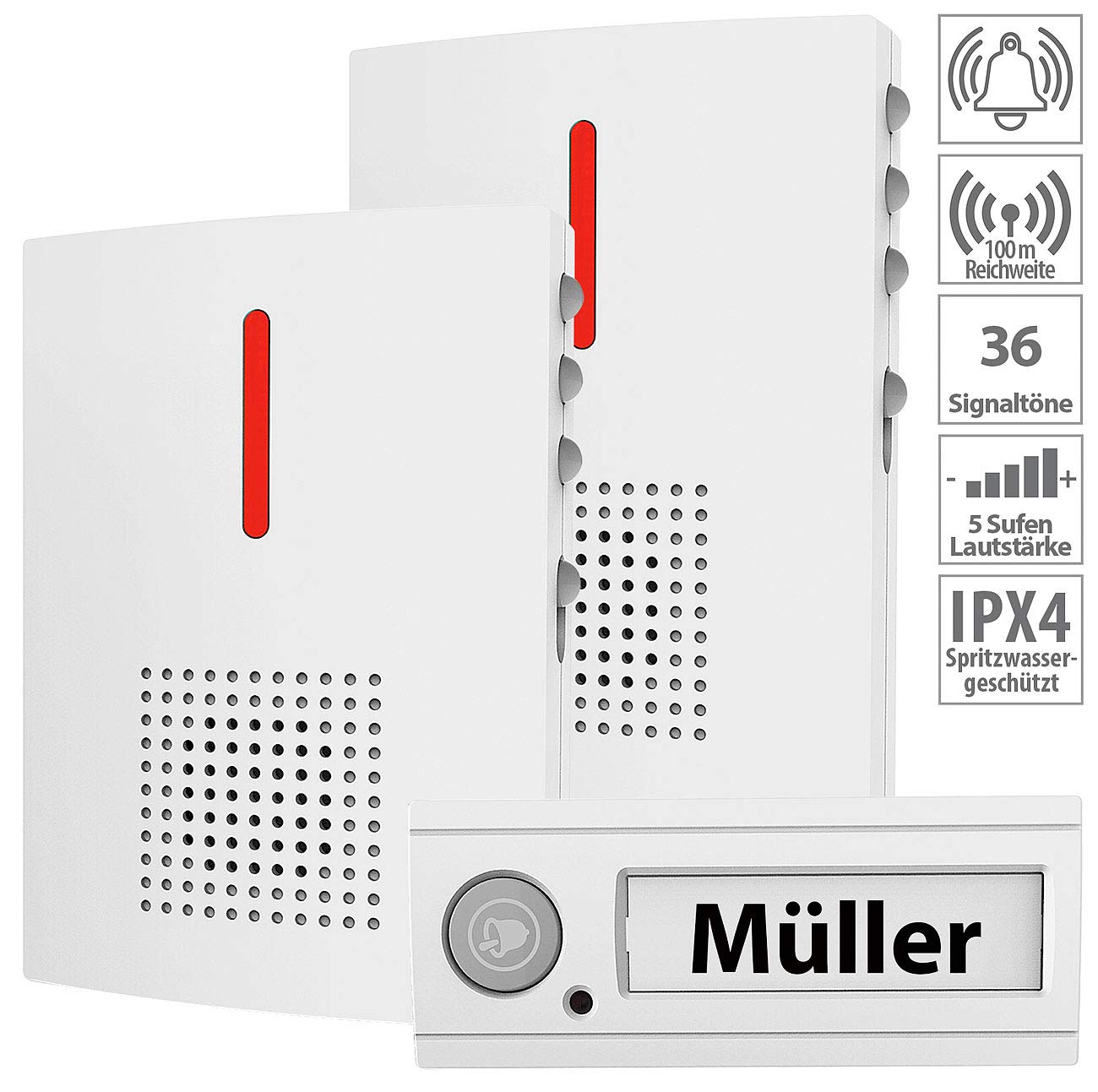 Haustürklingel Ton: Funk-Türklingel + 2 Empfänger, Licht & Ton Signal, IPX4, weiß (Hausklingel, Klingel drahtlos, Türklingelverstärker)