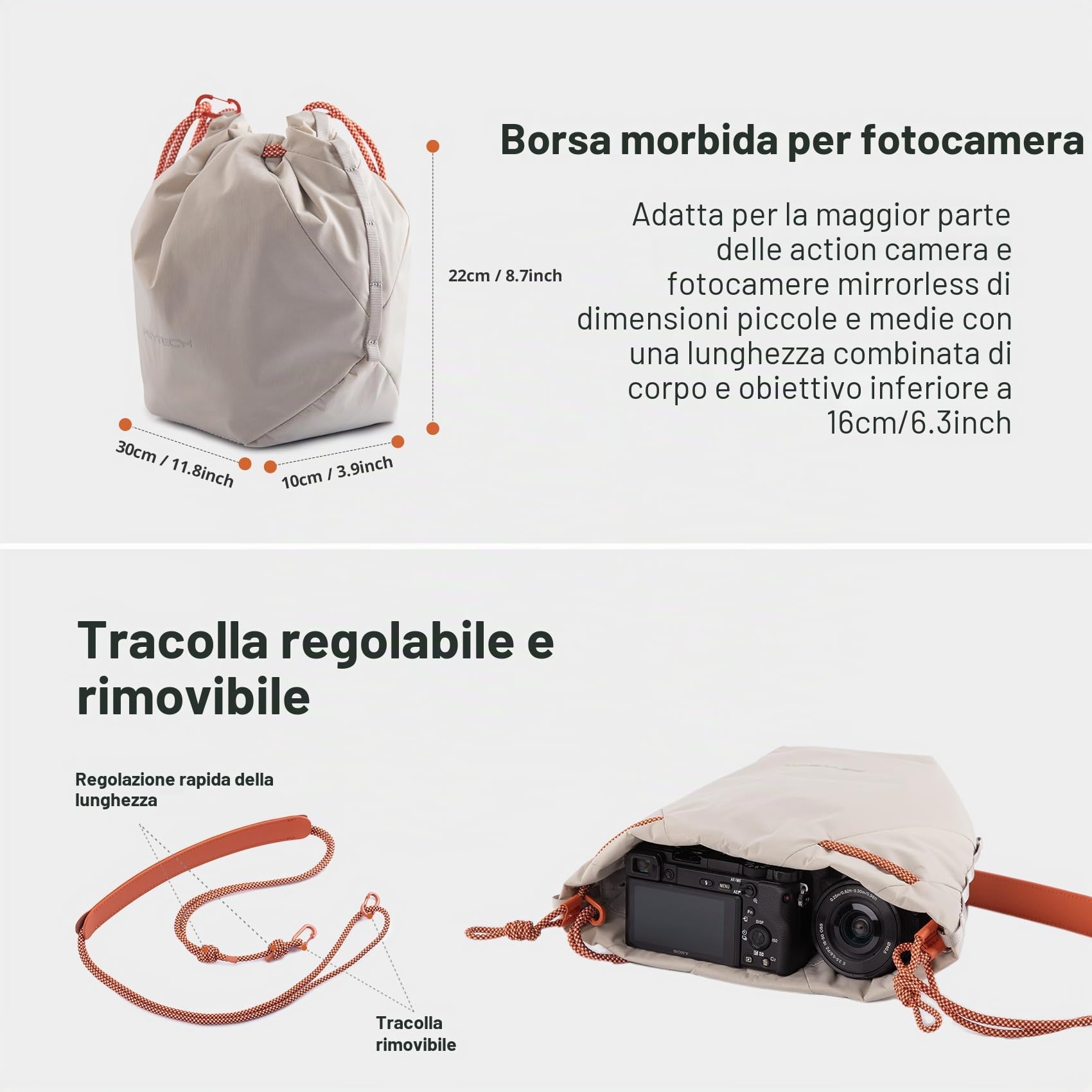 PGYTECH OneGo Borsa a Tracolla per Fotocamera con Coulisse, Custodia Morbida Compatibile con Fotocamere Mirrorless Nikon/Canon/Sony/Fuji/Action/DJI OSMO Pocket 4/3, Bianco