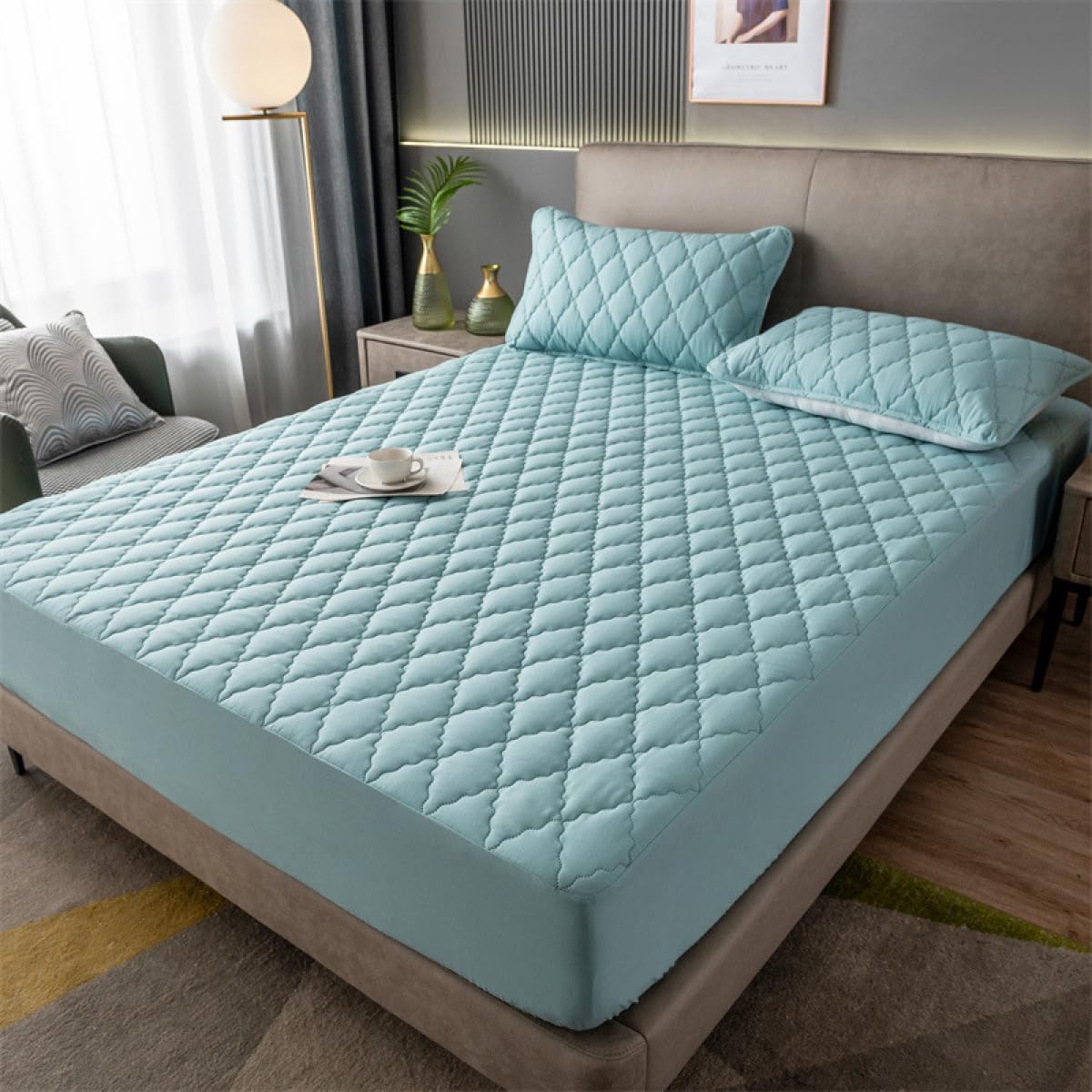 Mattress Protector Fitted Sheet Quilted Mattress Cover Thickened Waterproof Anti-slip Mattress Topper with Elastic Deep Pocket Cooling Mattress Dustproof Covers, Green-1