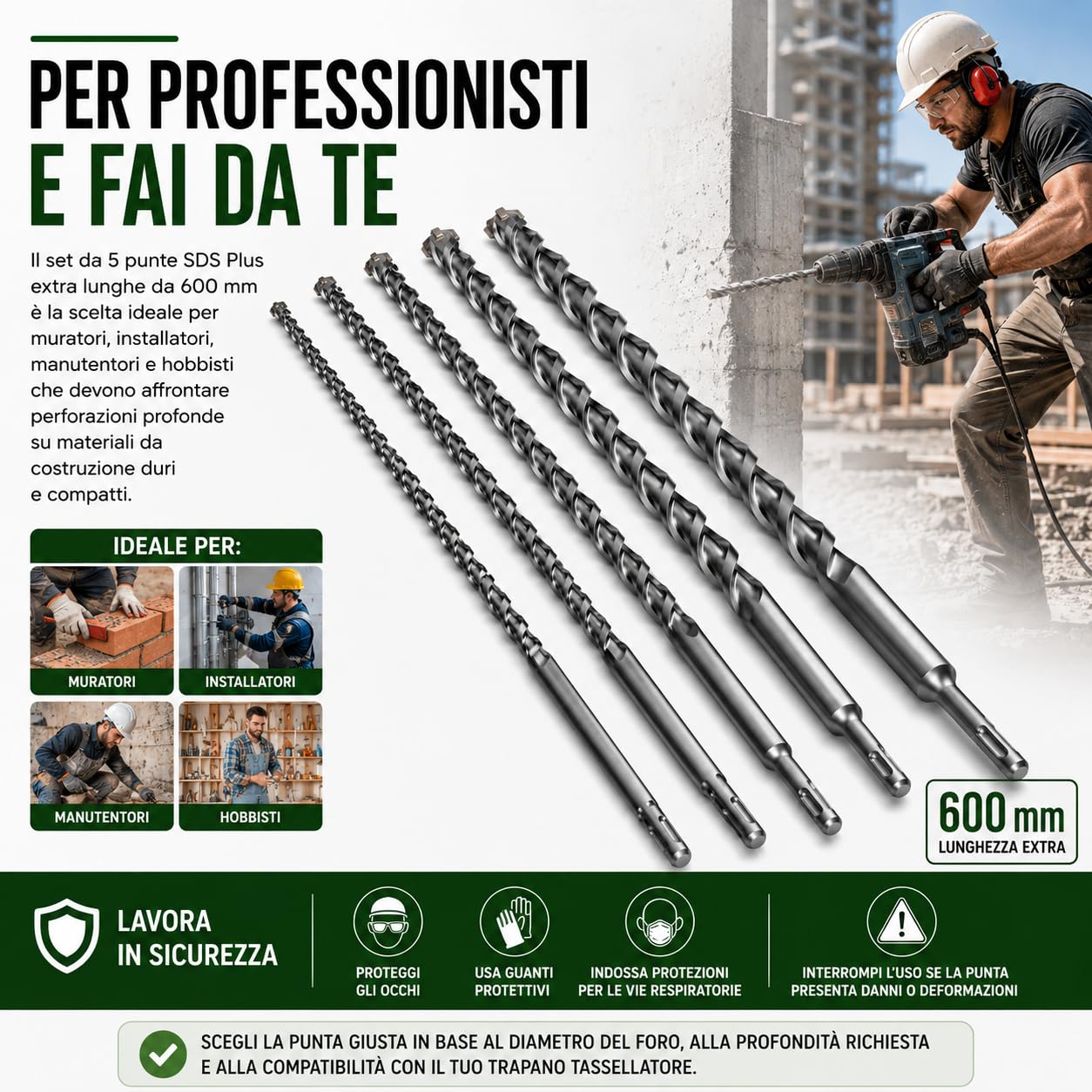 Lot de 5 forets SDS Plus 600 mm pour perceuse perforatrice - Diamètres 10, 12, 16, 20, 24 mm pour béton, pierre et béton - Haute résistance et durabilité